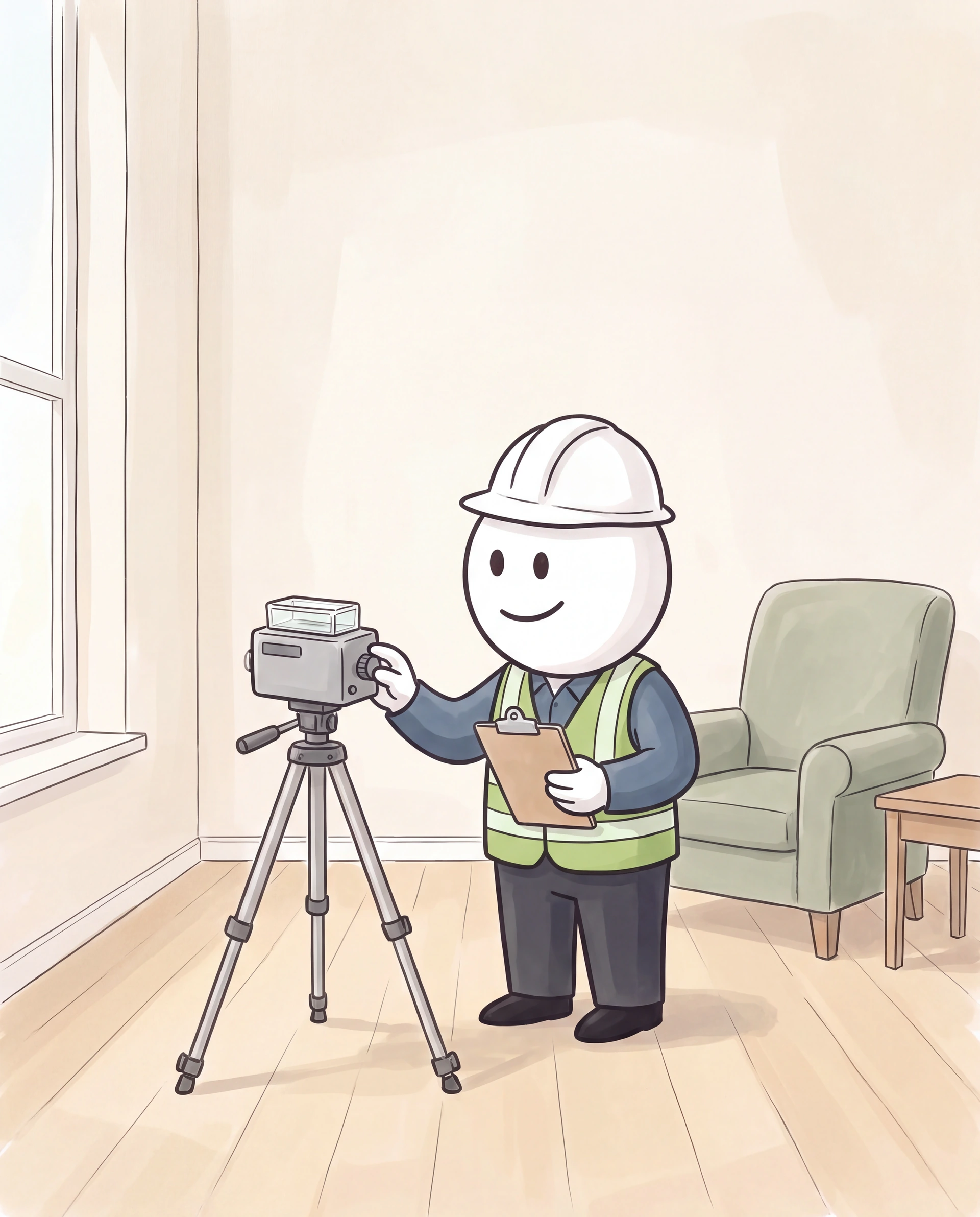 The smiling illustrated inspector checks an air sampler on a tripod in a softly lit ivory and sage reading room.