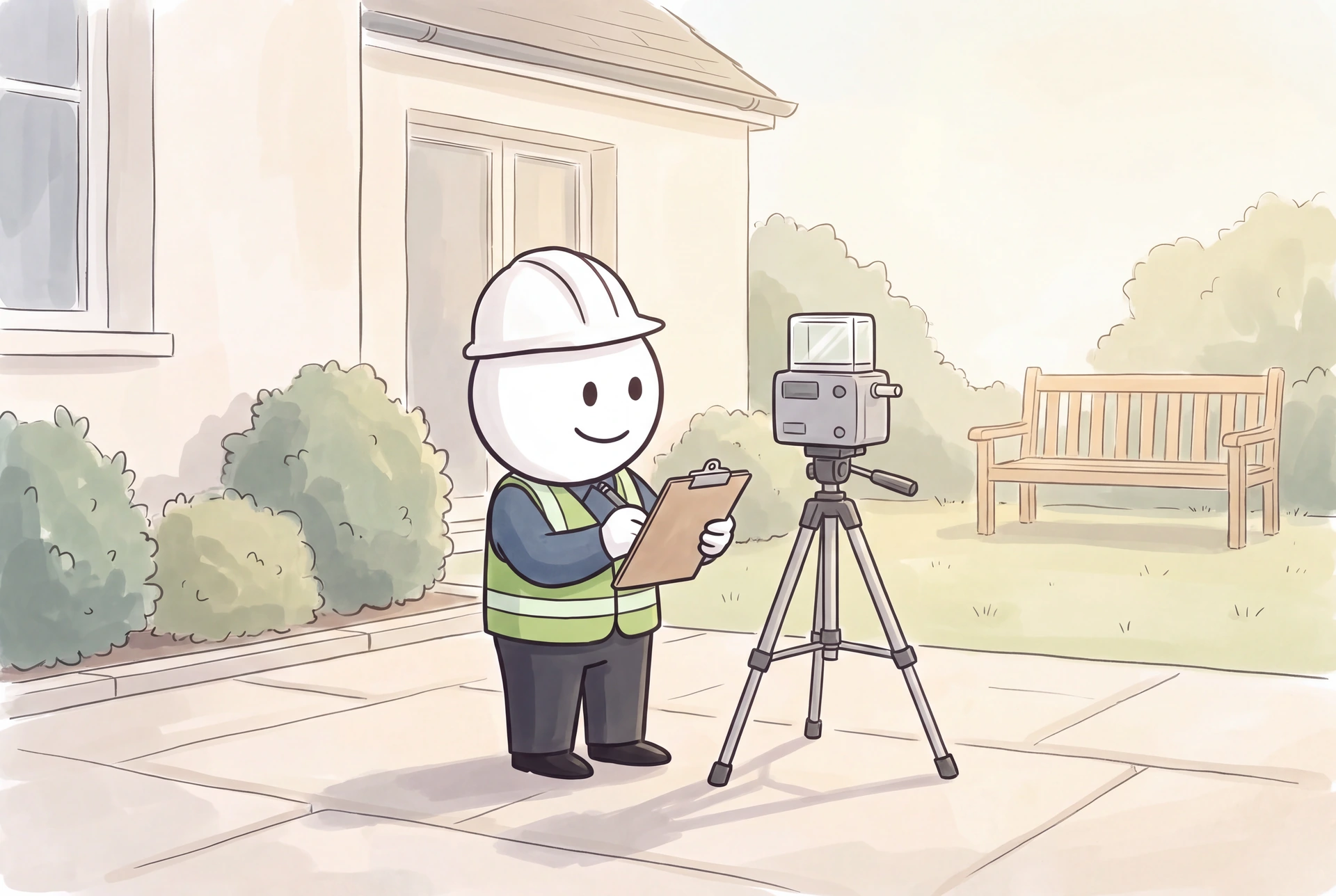 The smiling illustrated inspector records an outdoor reference air sample beside a tripod sampler on a quiet garden terrace.