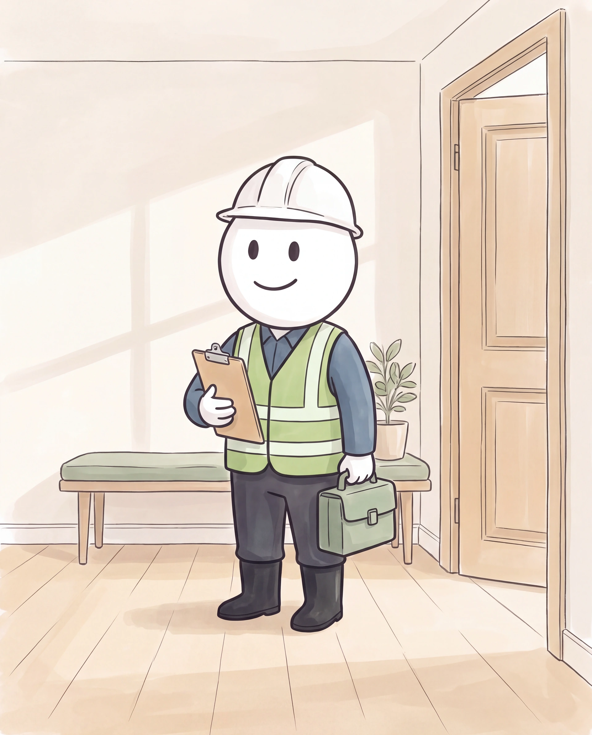 The smiling illustrated inspector arrives in a bright entry hall, carrying a clipboard and a sage equipment bag.