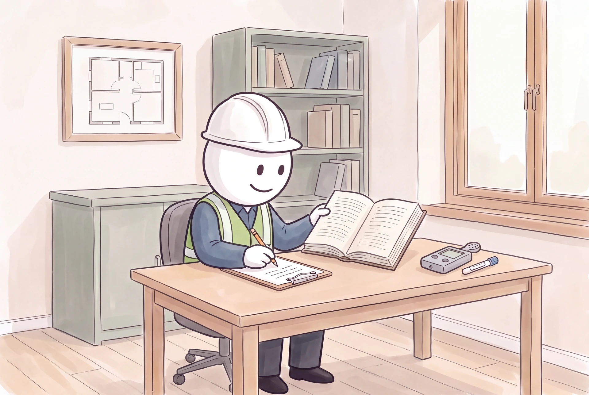 The smiling illustrated inspector reviews reference material and writes notes at an oak desk with inspection tools nearby.