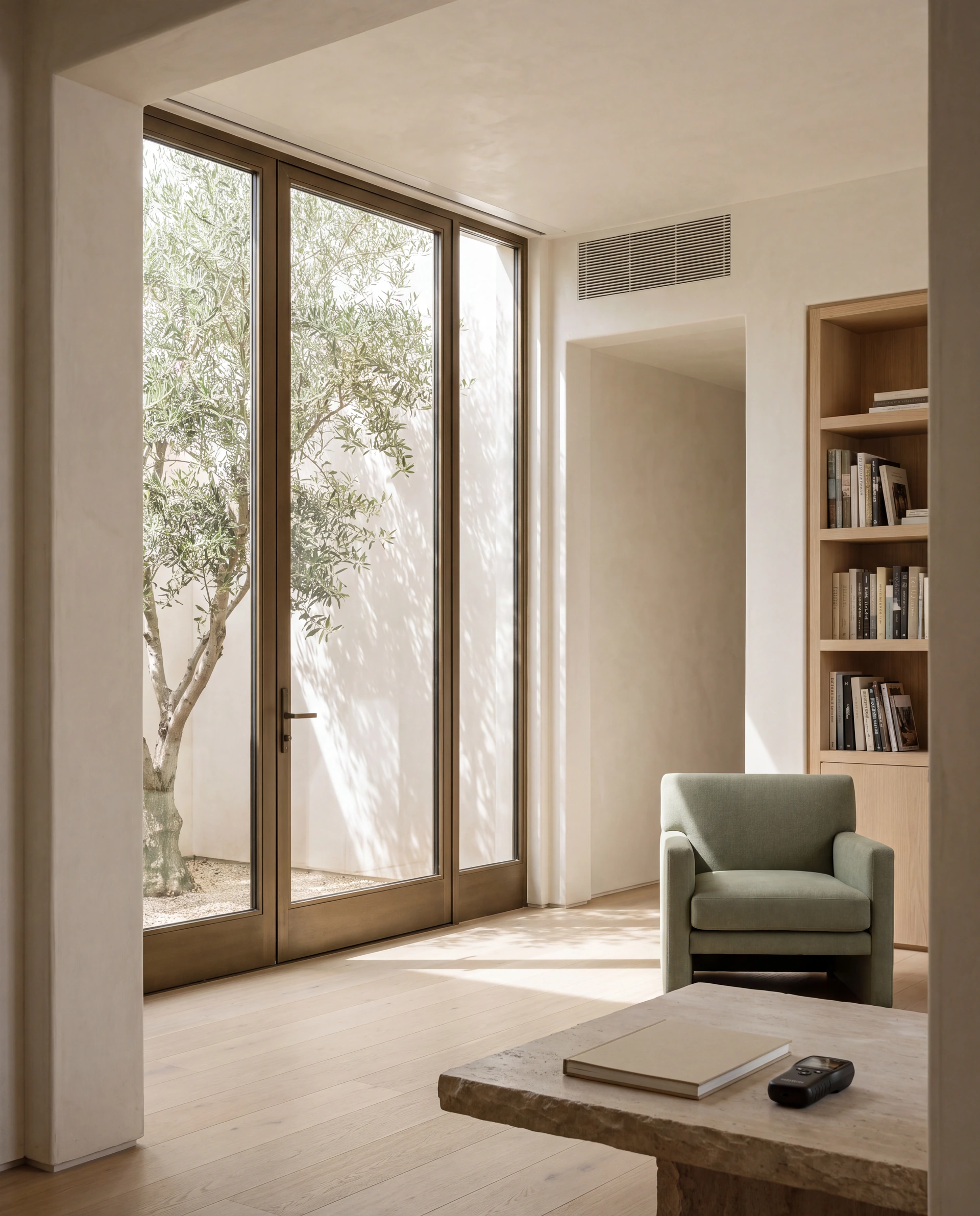 Illustrative scene of a courtyard home with natural materials, glazing, and an indoor temperature and humidity instrument.