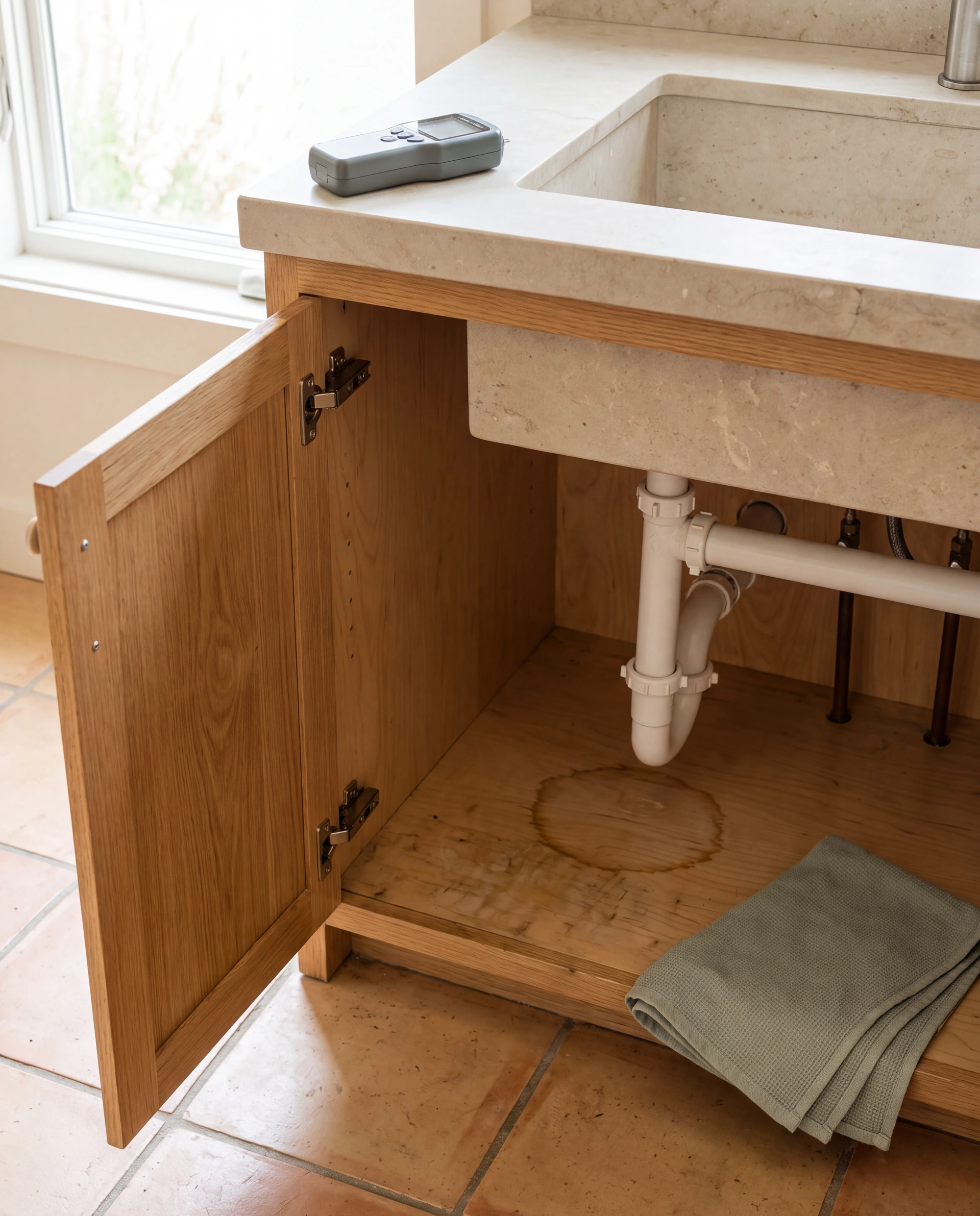 Illustrative plumbing-leak scene: an open sink cabinet with a water stain below the drain and a moisture meter on the counter.