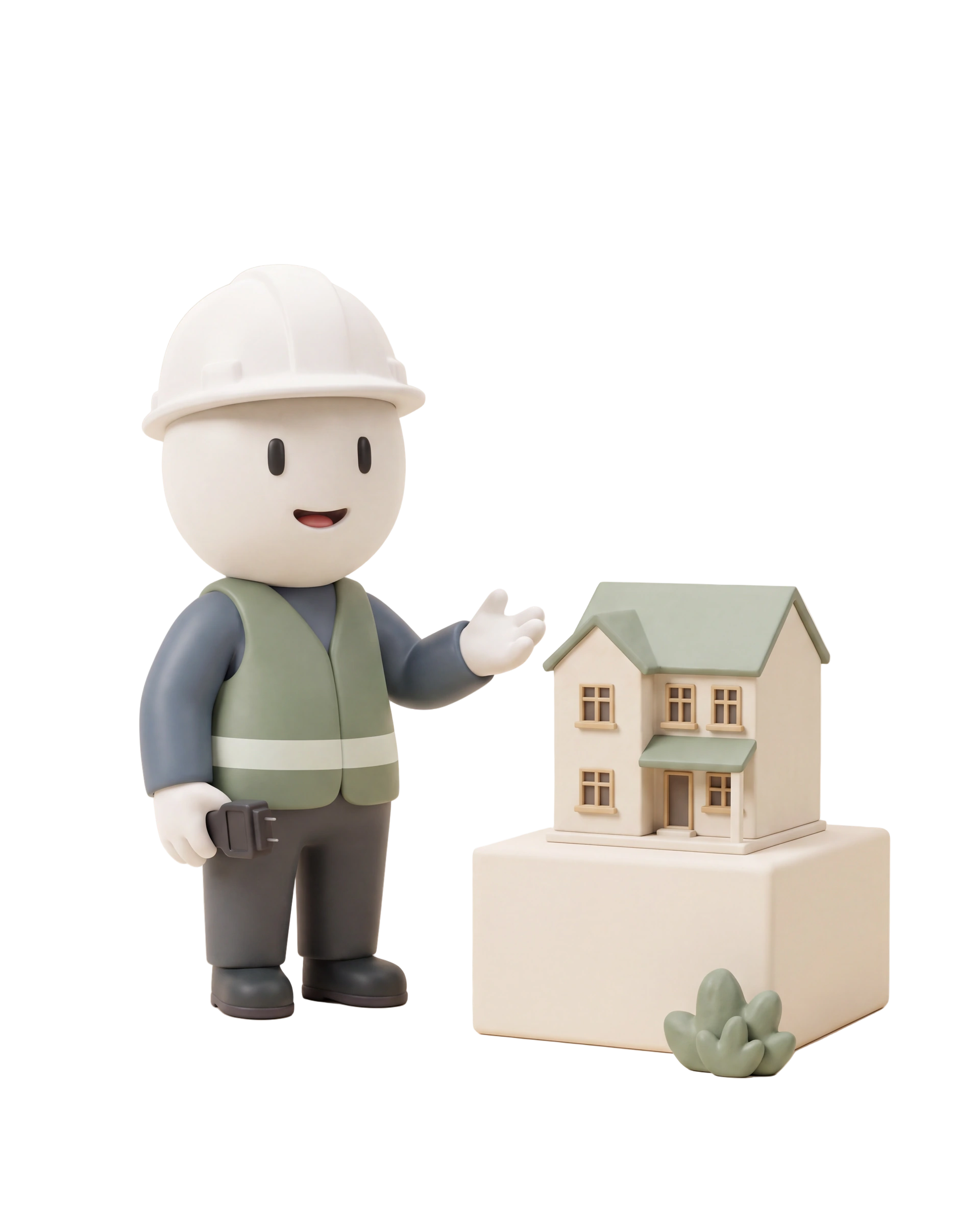 A smiling clay inspector in a white hard hat and sage vest studies an ivory miniature house with a magnifying glass.