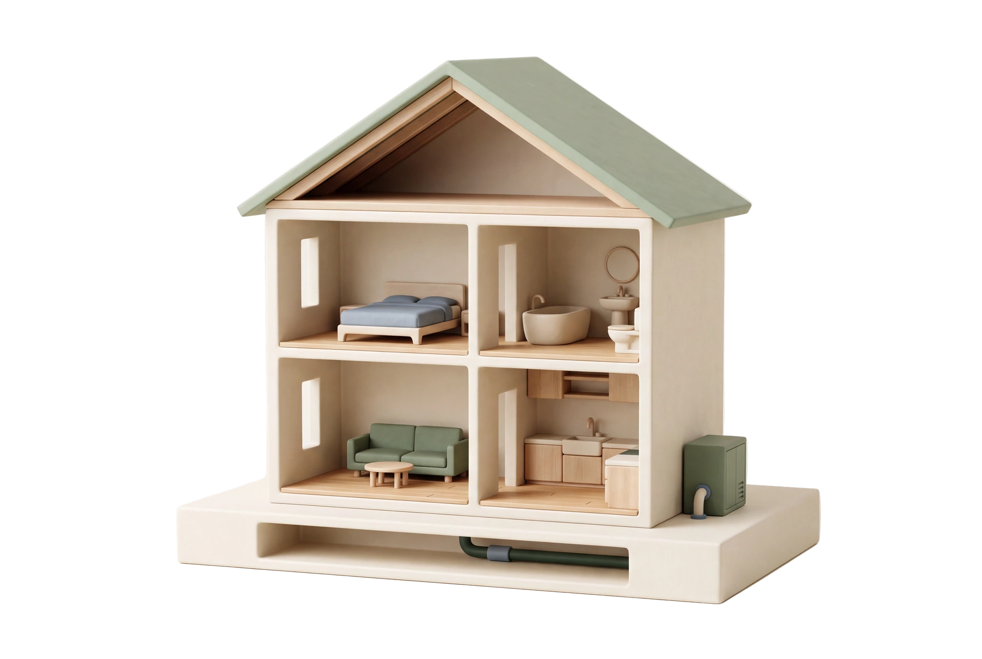 An ivory and sage miniature cutaway house showing rooms, an attic, a lower space, and an adjoining air system.