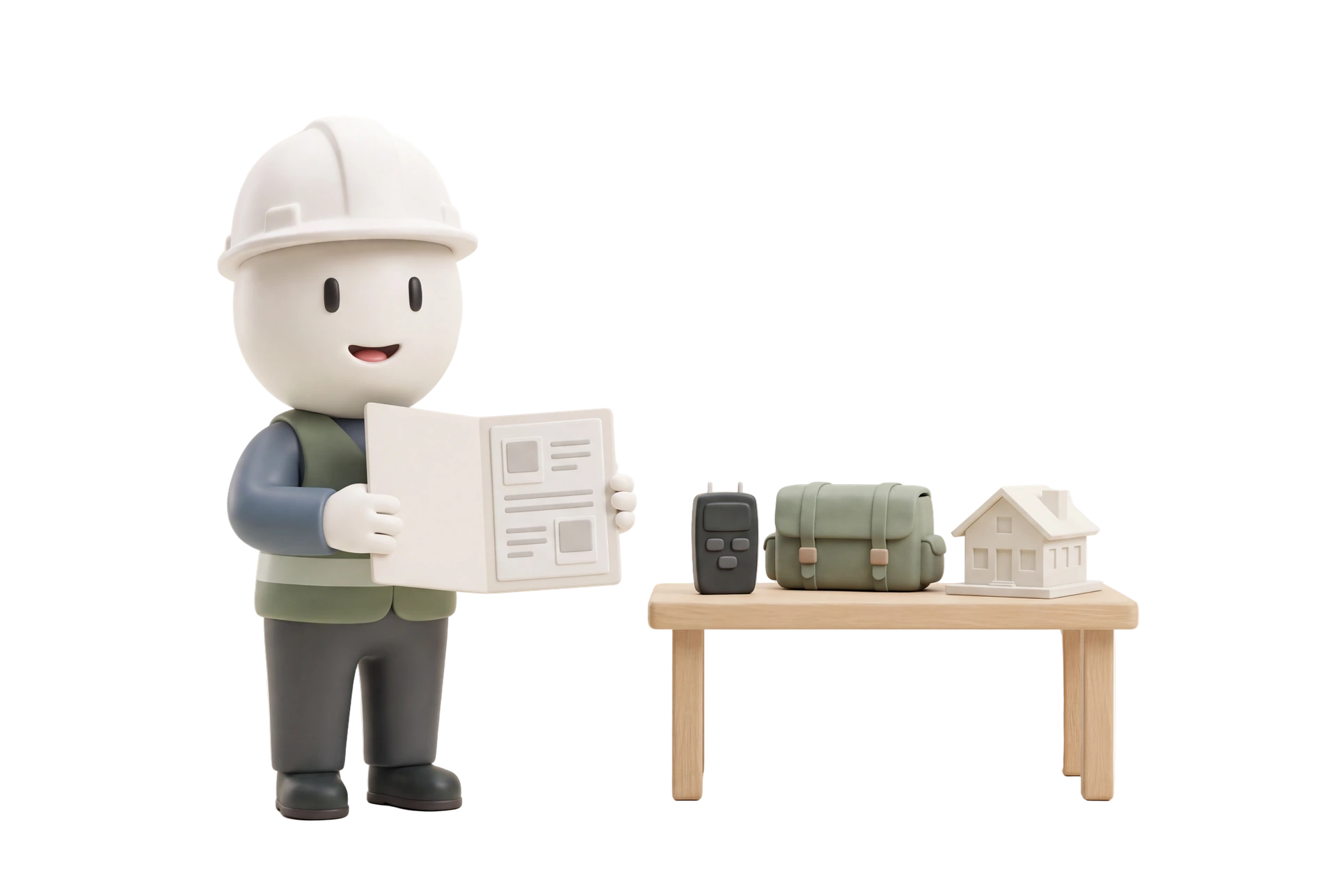 An ivory miniature inspection report, house model, and inspection tools arranged together on a quiet sage surface.