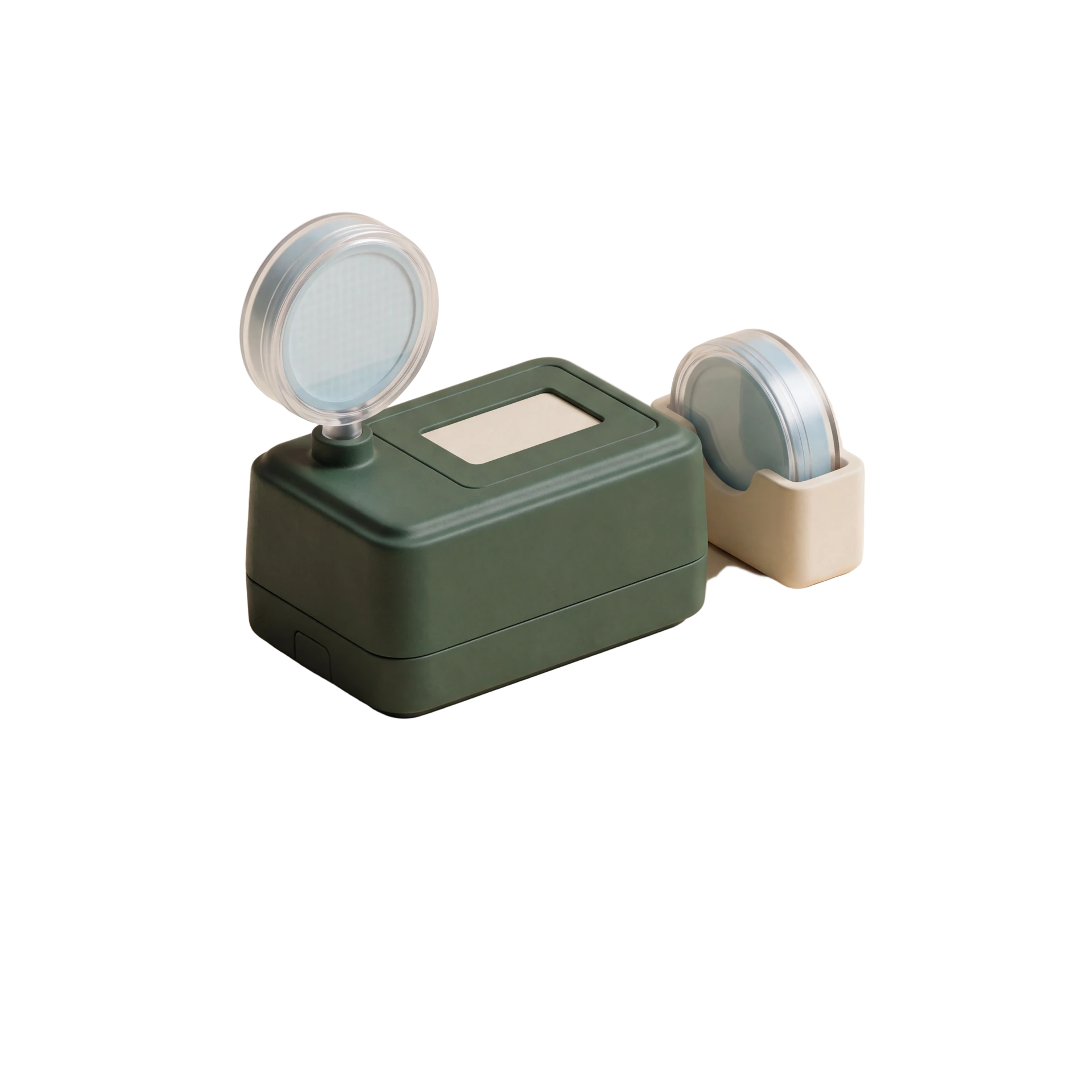 Matte clay illustration of an air-sampling pump and collection cassette