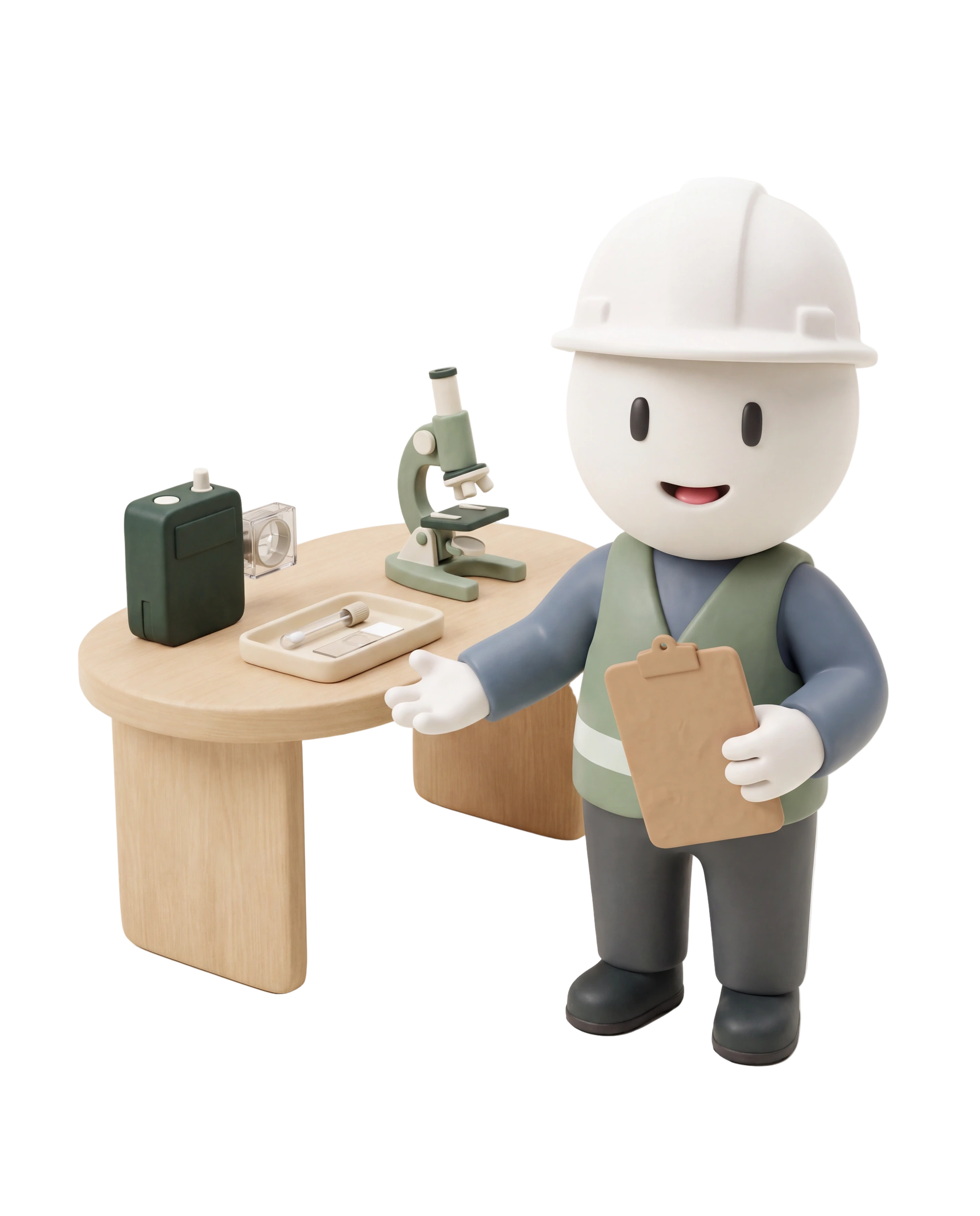 Smiling ProDetect inspector character at a carefully arranged clay laboratory bench with a microscope and sampling tools
