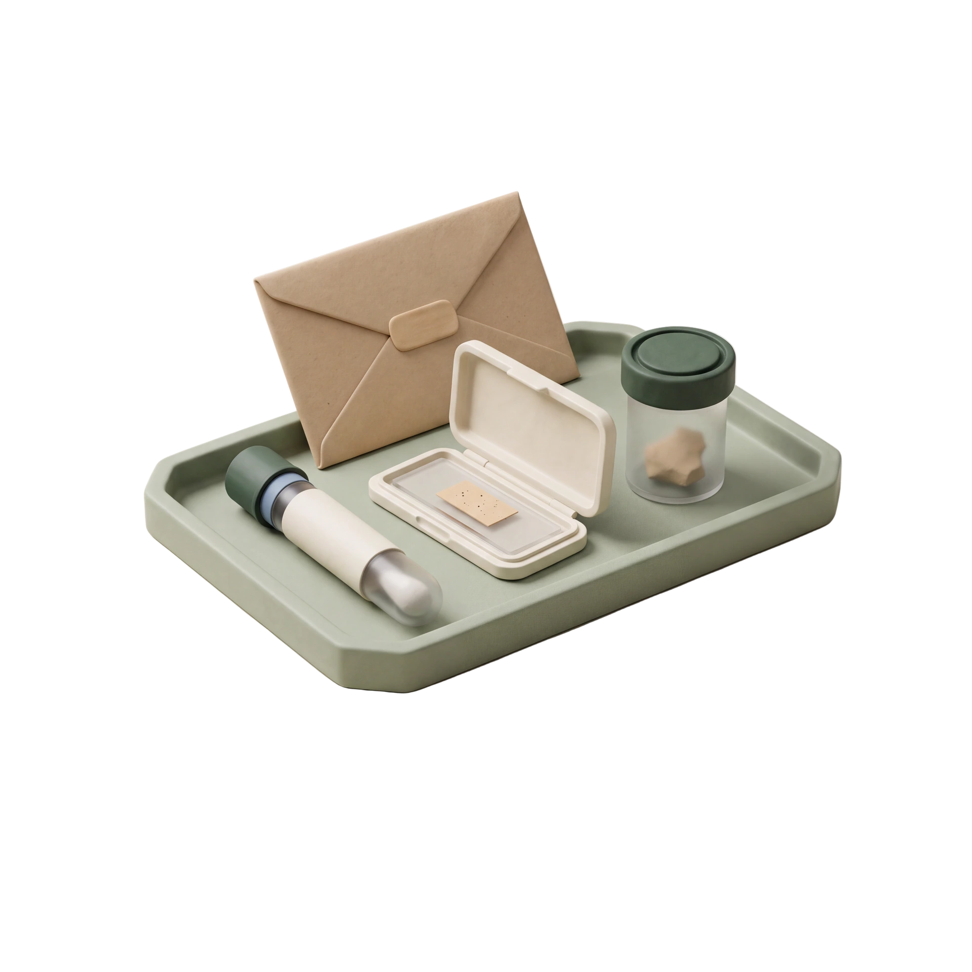 Matte clay illustration of a tape-lift slide, swab, and sample container arranged together