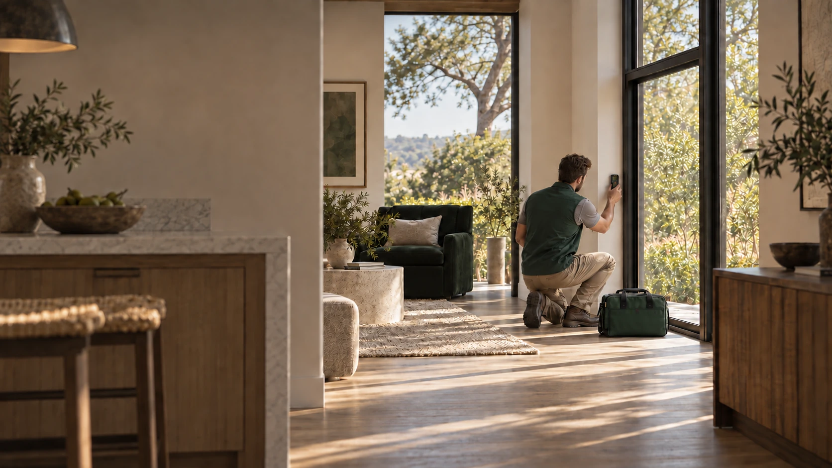 Illustrative scene of a ProDetect inspector in a green vest checking a sunlit window wall beside a branded toolbag