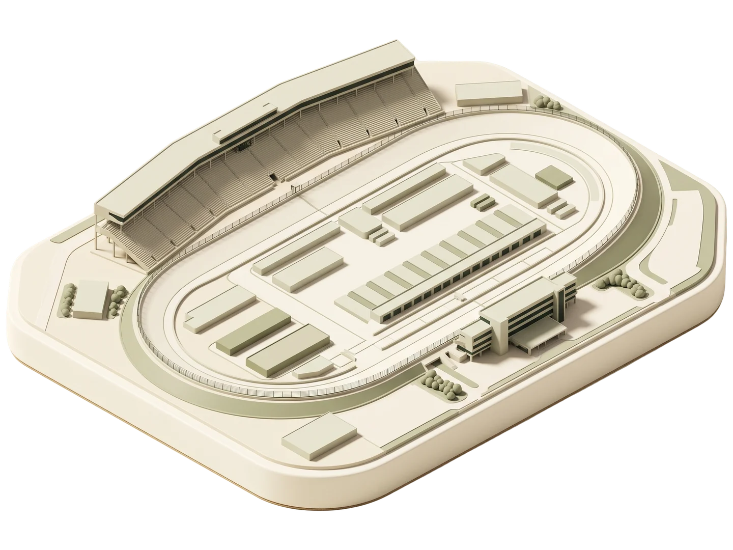 A sage and ivory clay-style illustration of Auto Club Speedway in Fontana