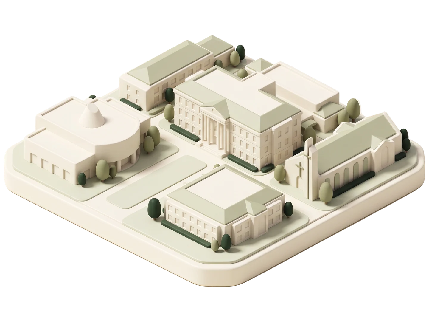 A sage and ivory clay-style illustration of Azusa Pacific University in Azusa