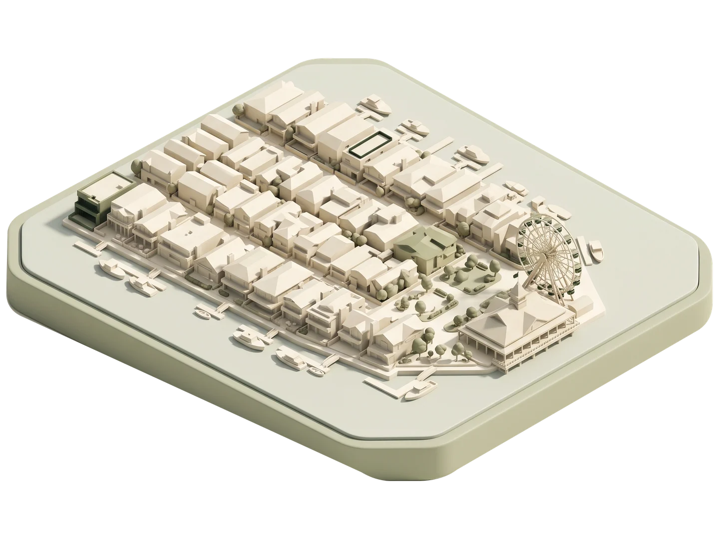 A sage and ivory clay-style illustration of Balboa Island in Newport Beach