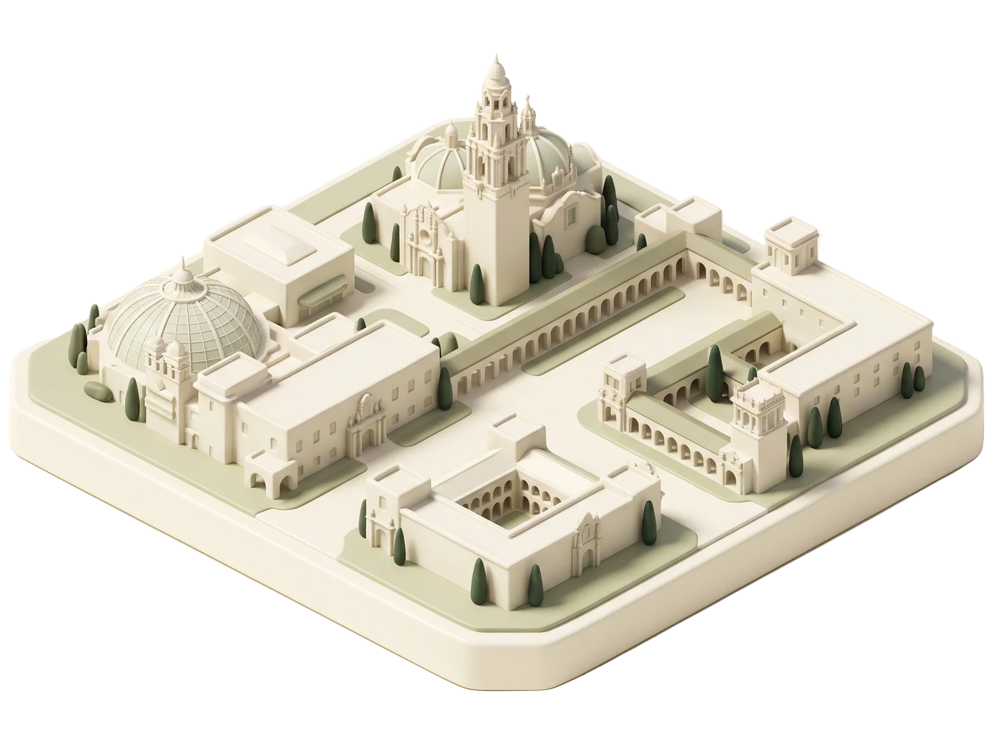 A sage and ivory clay-style illustration of Balboa Park in San Diego