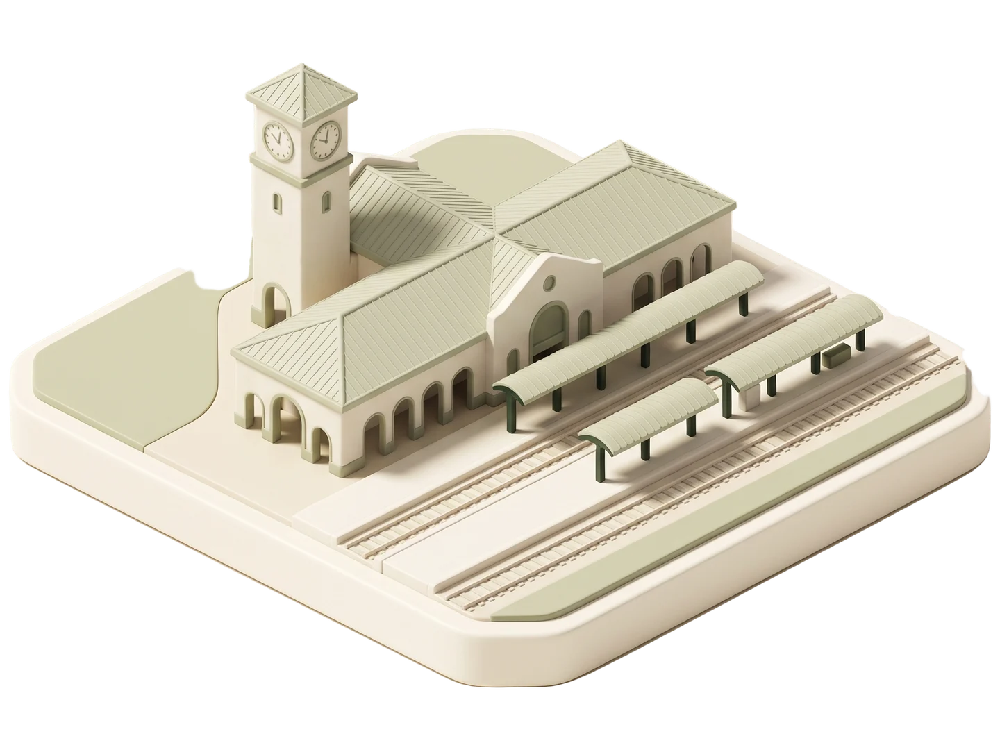 A sage and ivory clay-style illustration of Baldwin Park Metrolink Station in Baldwin Park