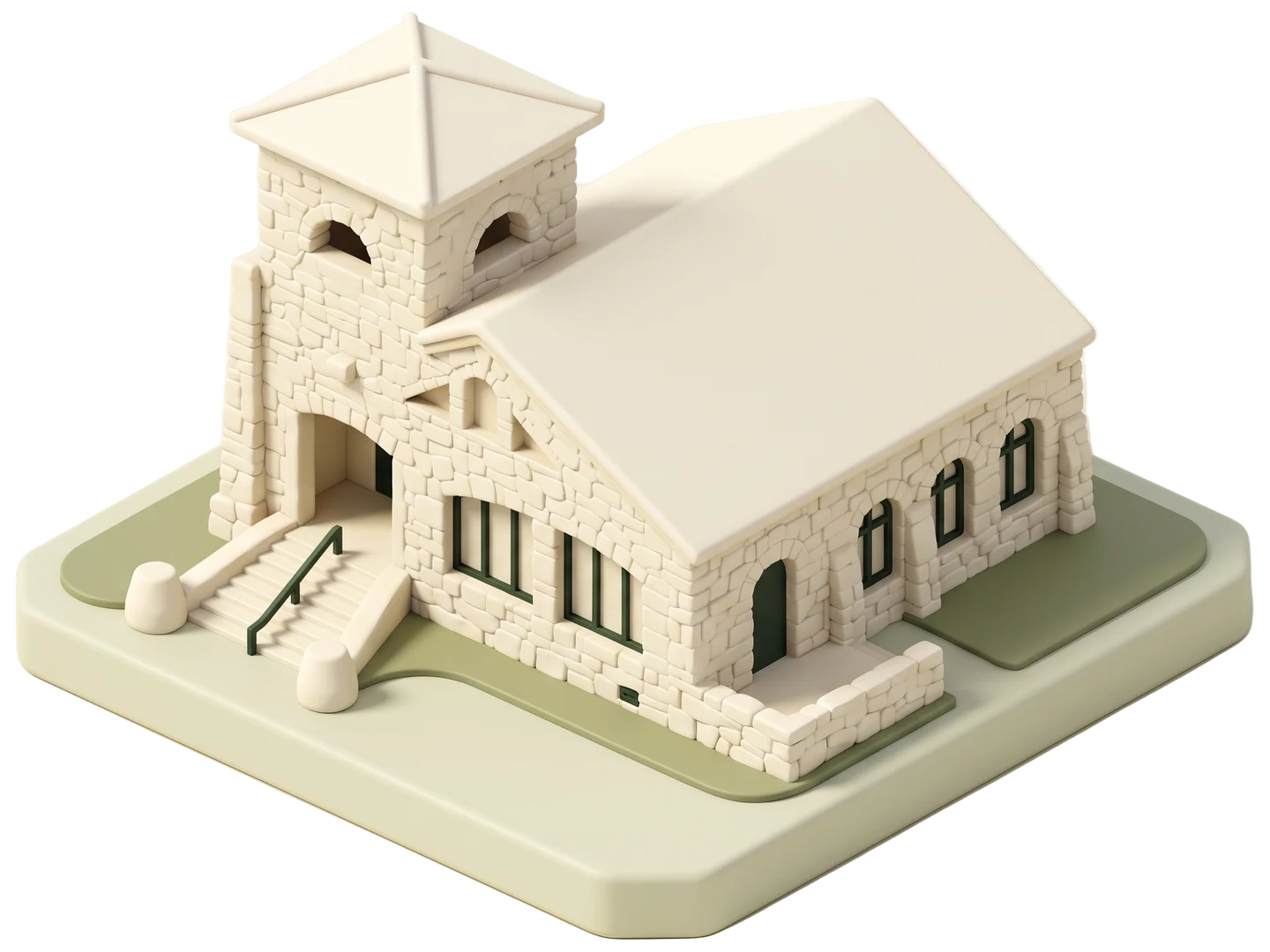 A sage and ivory clay-style illustration of Bolton Hall Museum in Tujunga