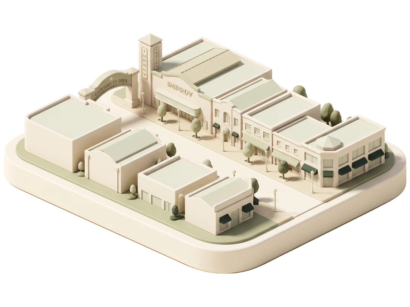 A sage and ivory clay-style illustration of Brea Downtown in Brea