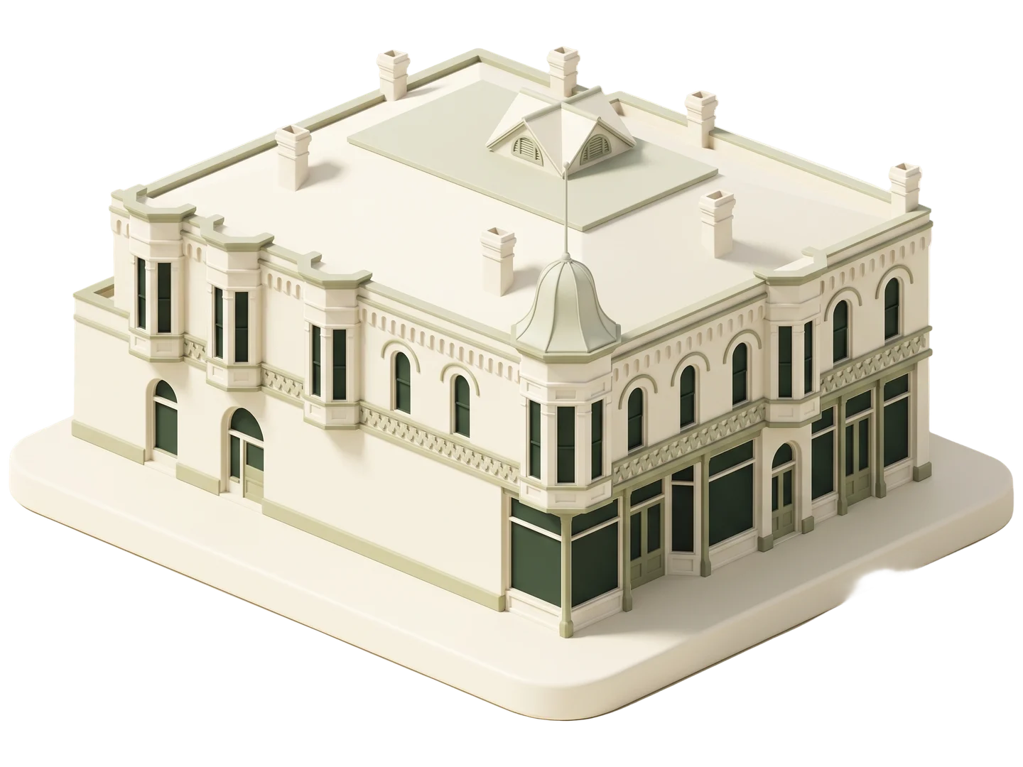 A sage and ivory clay-style illustration of California Oil Museum in Santa Paula