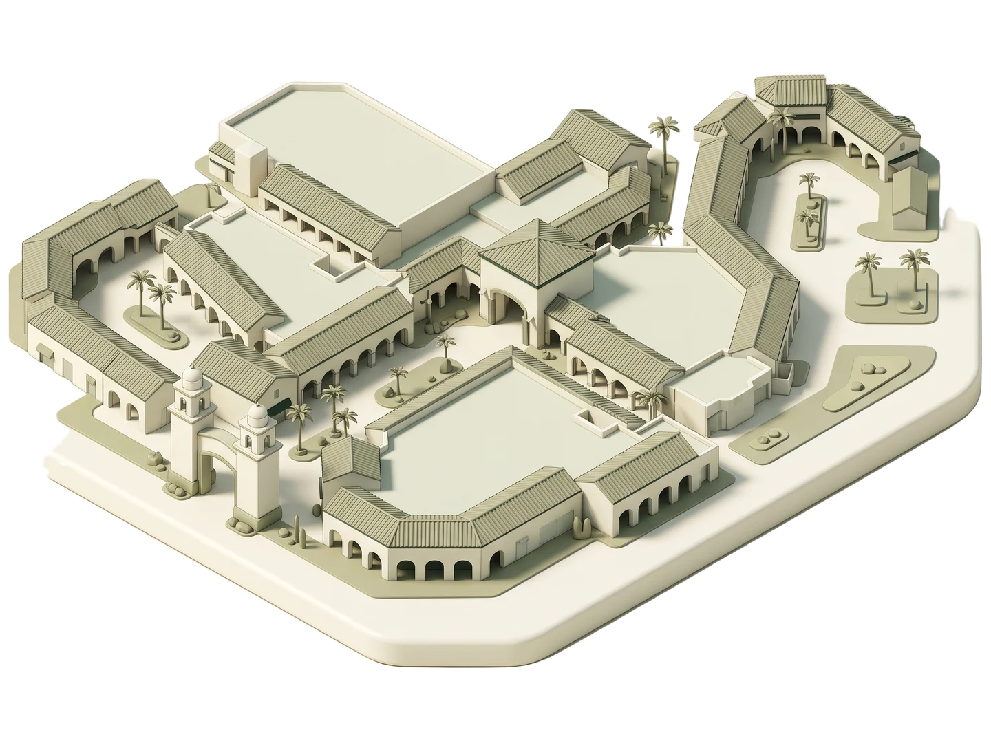 A sage and ivory clay-style illustration of Camarillo Premium Outlets in Camarillo