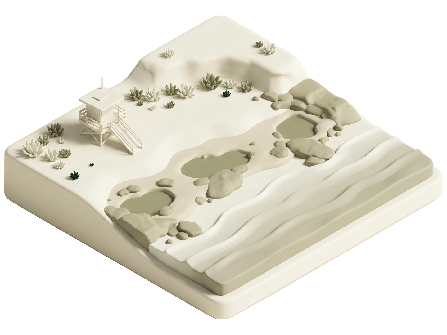 A sage and ivory clay-style illustration of Carpinteria State Beach in Carpinteria