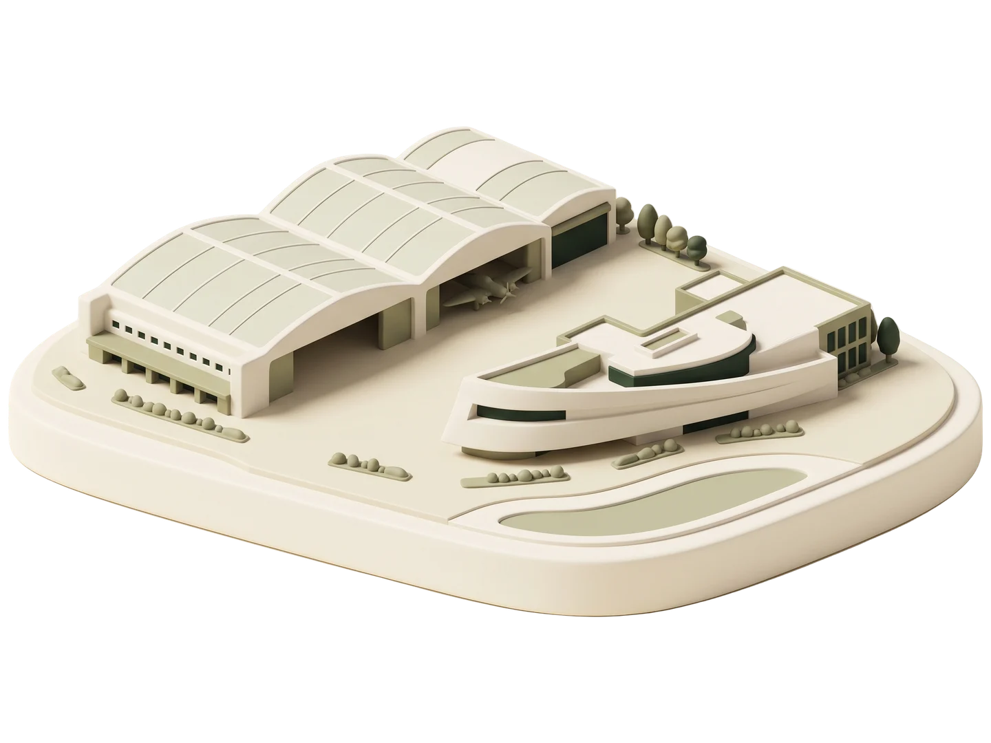 A sage and ivory clay-style illustration of Chino Airport in Chino