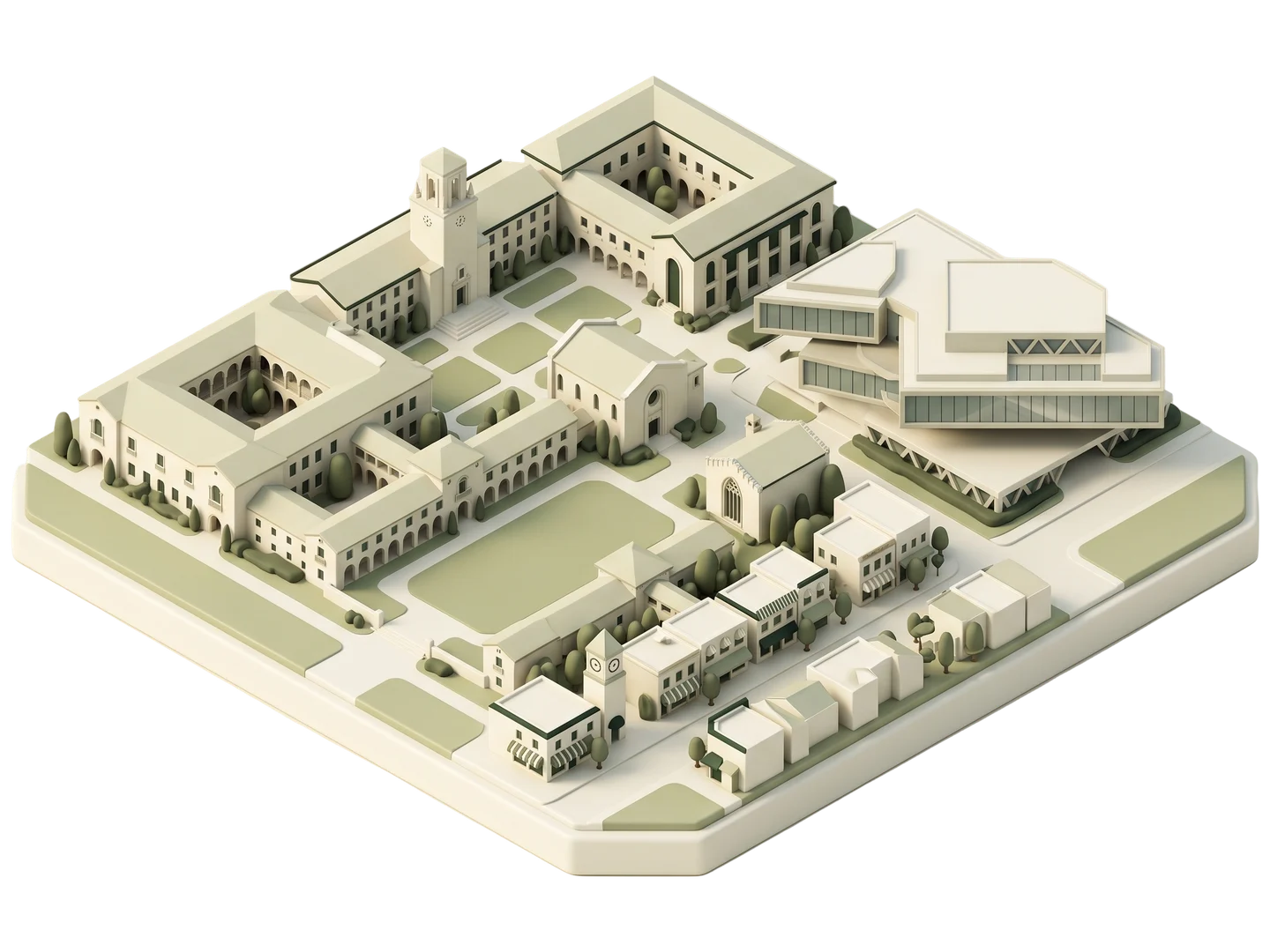 A sage and ivory clay-style illustration of Claremont Colleges in Claremont