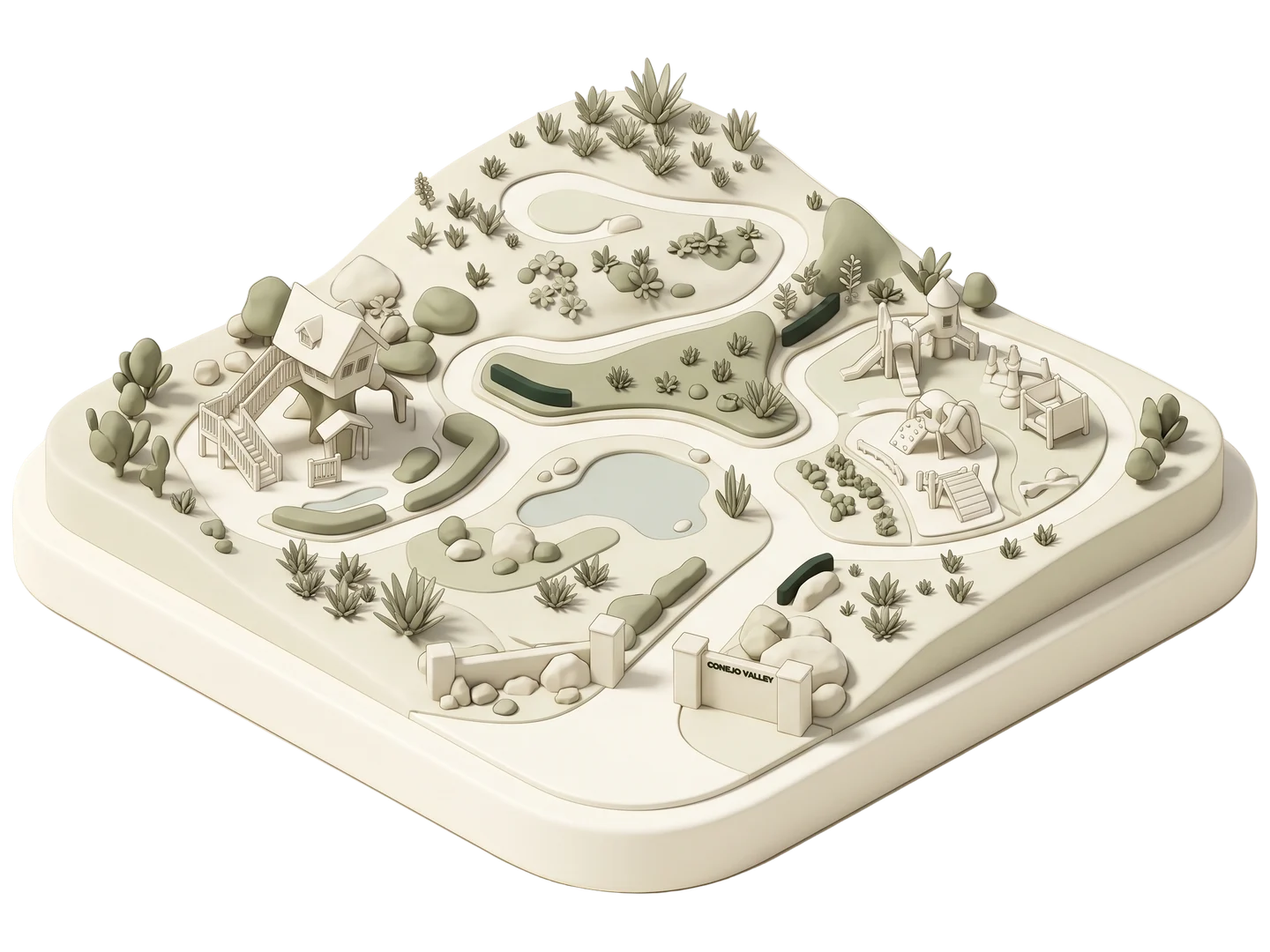 A sage and ivory clay-style illustration of Conejo Valley Botanic Garden in Thousand Oaks