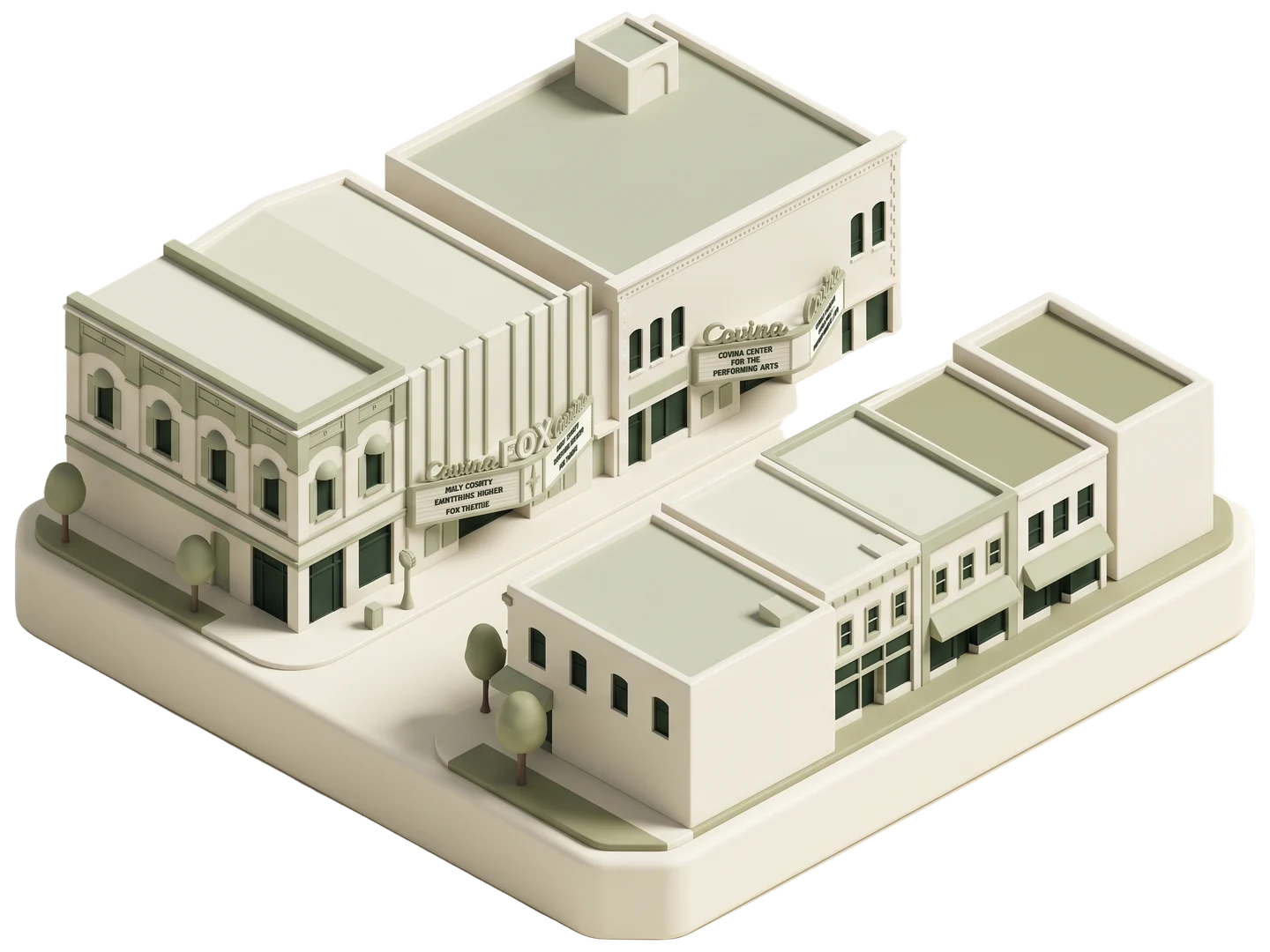 A sage and ivory clay-style illustration of Covina Downtown in Covina