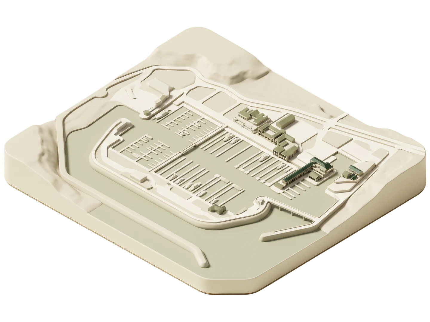 A sage and ivory clay-style illustration of Dana Point Harbor in Dana Point