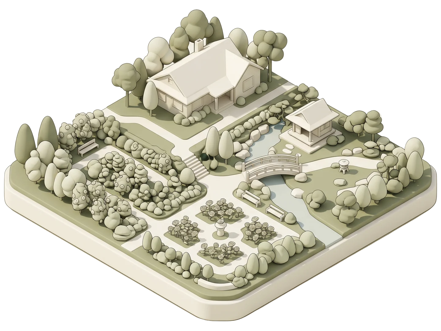 A sage and ivory clay-style illustration of Descanso Gardens in La Cañada Flintridge