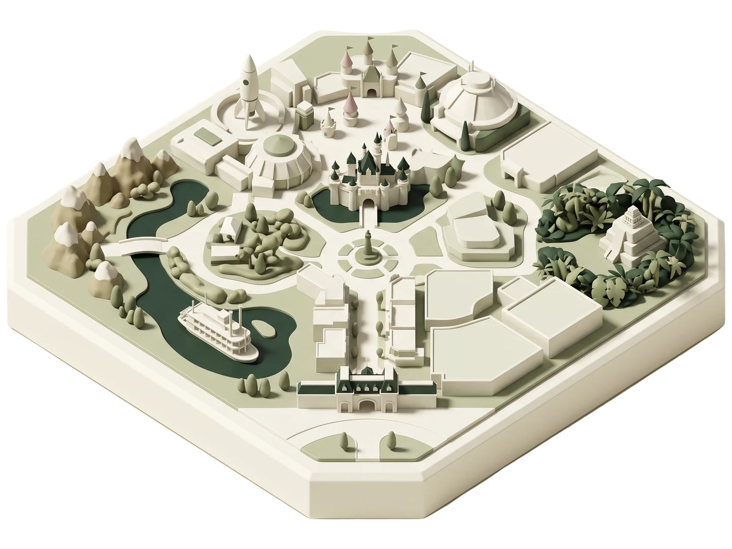 A sage and ivory clay-style illustration of Disneyland Resort in Anaheim