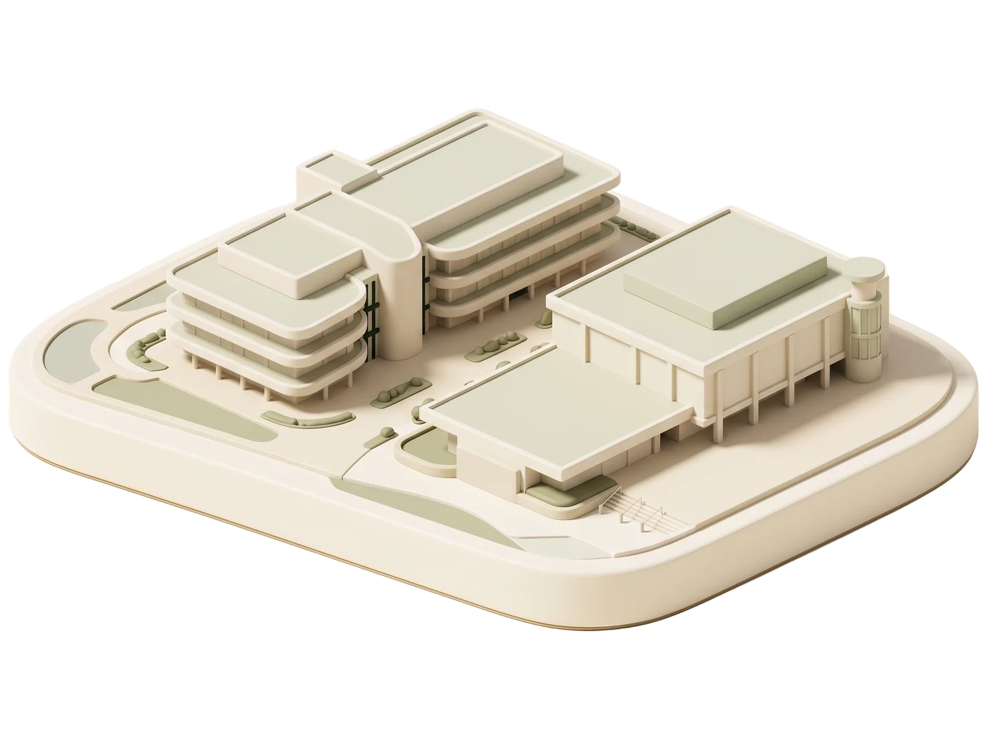 A sage and ivory clay-style illustration of Downey Civic Center in Downey