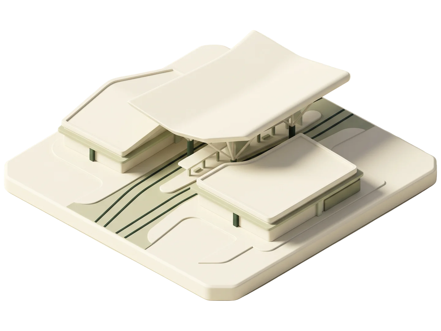 A sage and ivory clay-style illustration of El Monte Busway Station in El Monte