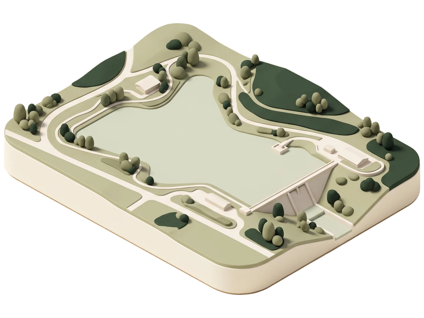 A sage and ivory clay-style illustration of Encino Reservoir in Encino