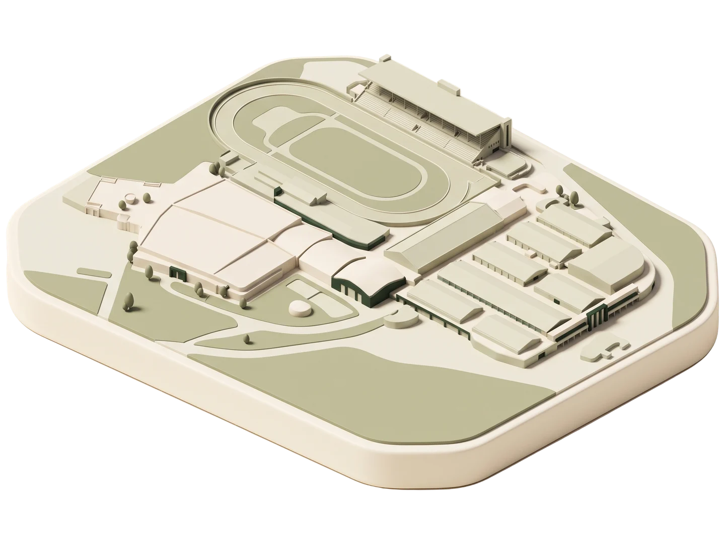 A sage and ivory clay-style illustration of Fairplex in Pomona