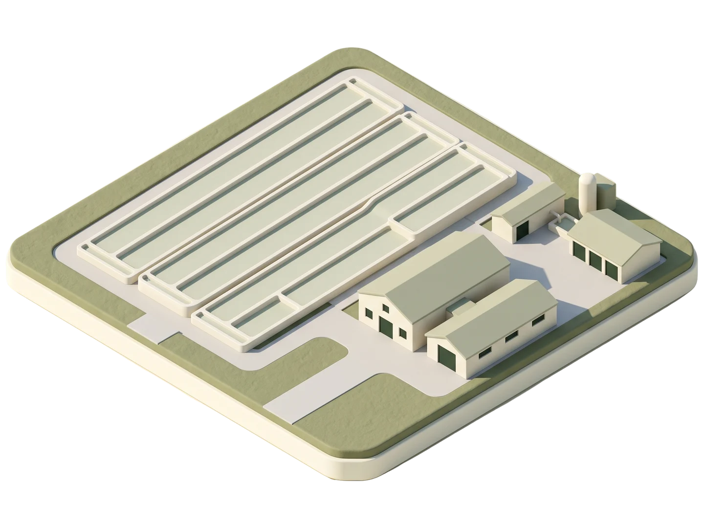 A sage and ivory clay-style illustration of Fillmore Fish Hatchery in Fillmore