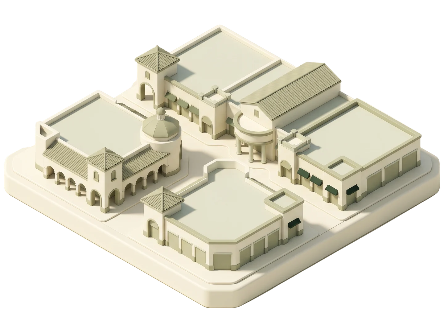 A sage and ivory clay-style illustration of Foothill Ranch Towne Centre in Foothill Ranch