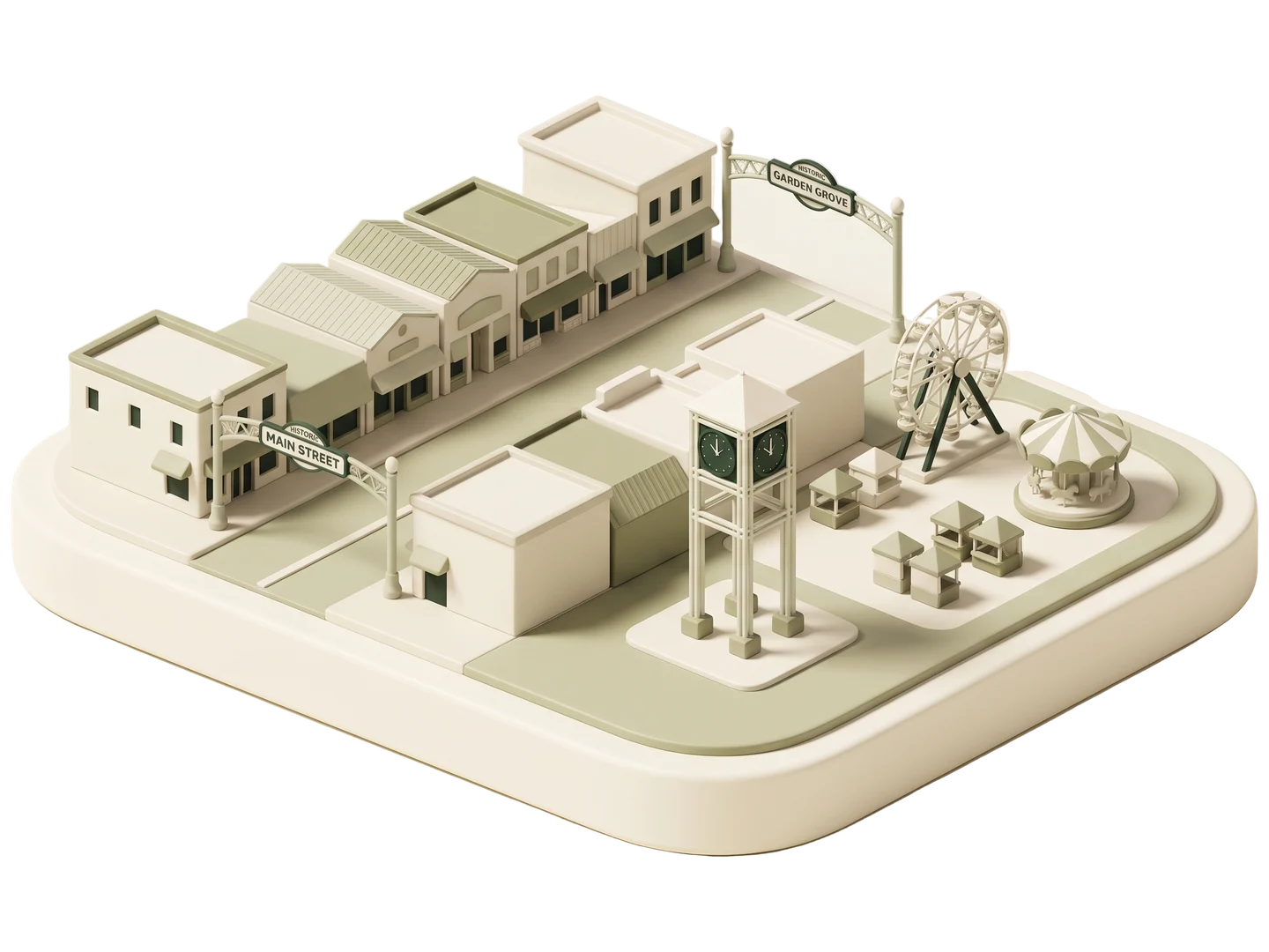 A sage and ivory clay-style illustration of Garden Grove Downtown in Garden Grove