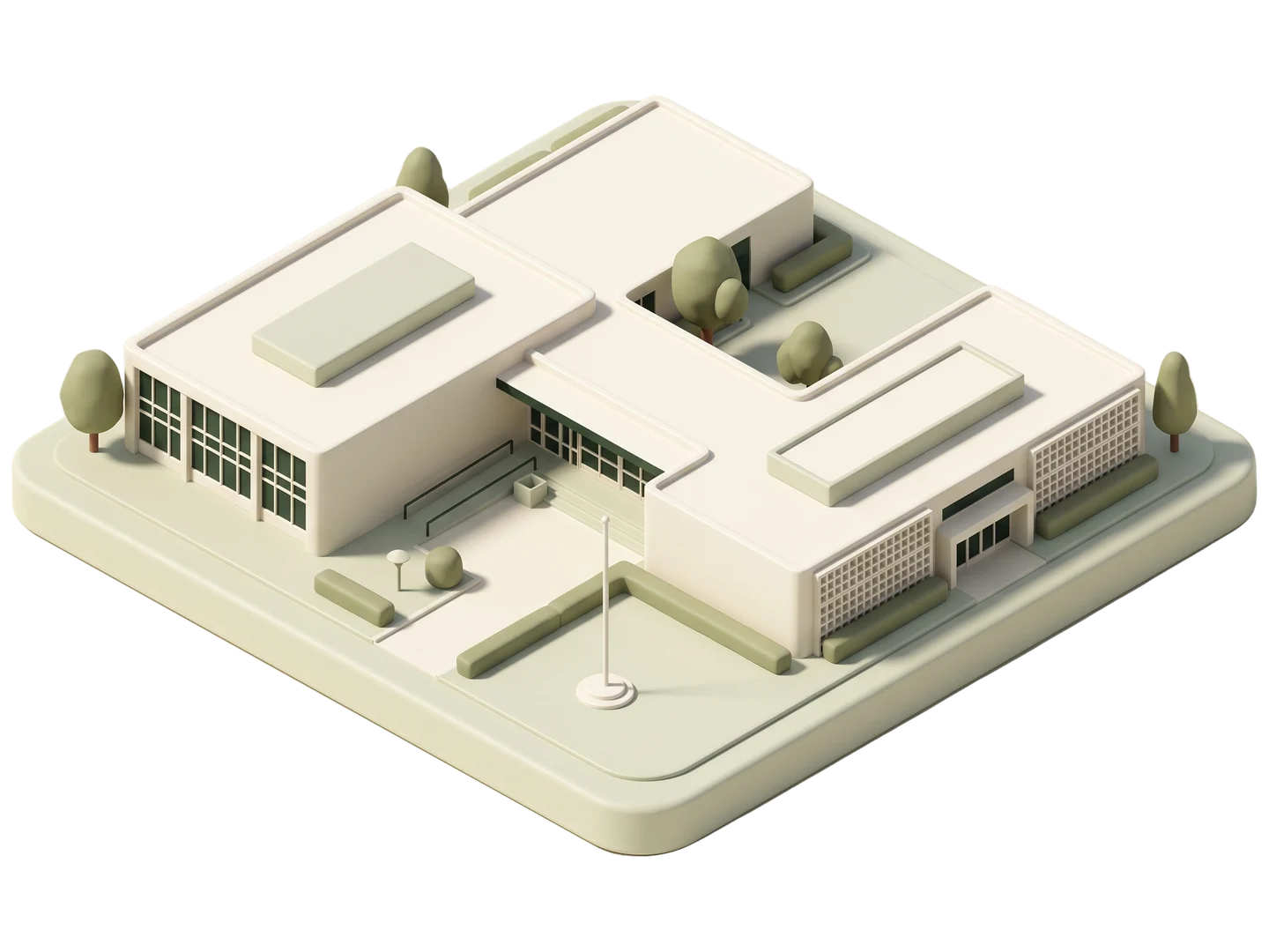 A sage and ivory clay-style illustration of Gardena Civic Center in Gardena