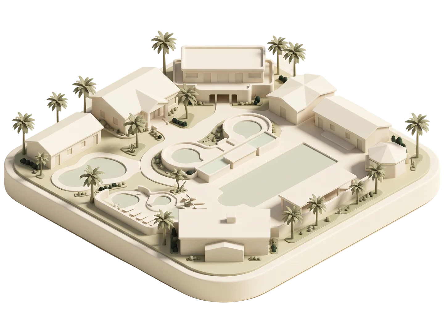 A sage and ivory clay-style illustration of Glen Ivy Hot Springs in Corona