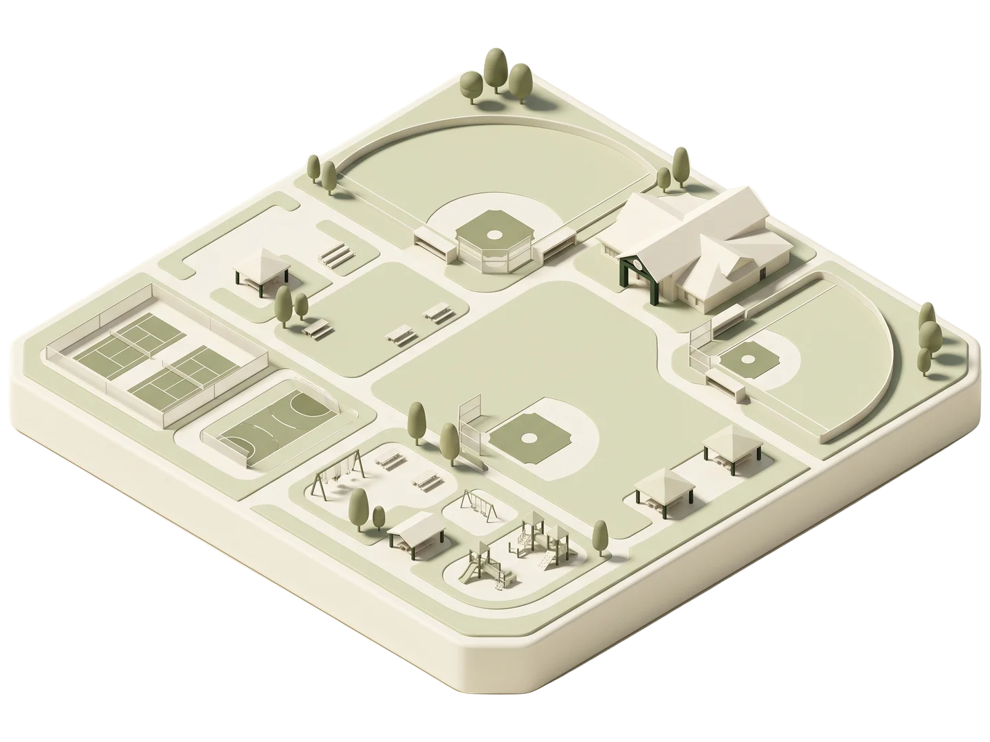 A sage and ivory clay-style illustration of Highland Community Park in Highland
