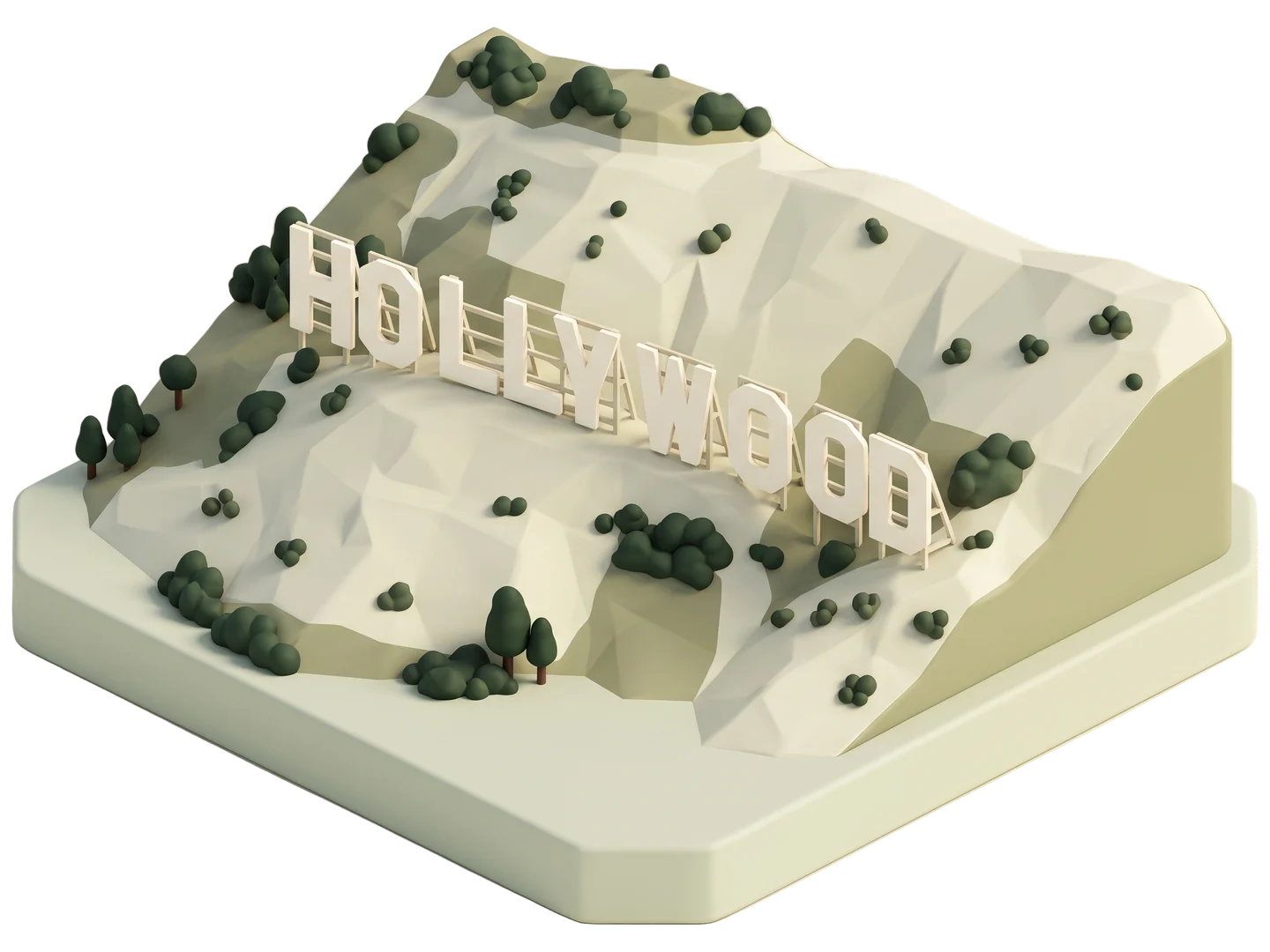 A sage and ivory clay-style illustration of Hollywood Sign in Los Angeles
