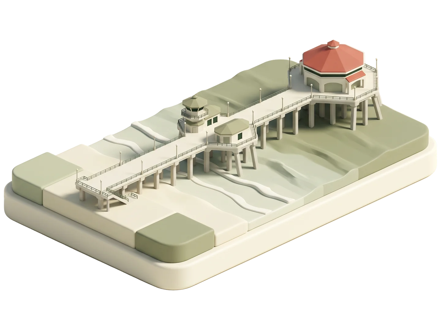 A sage and ivory clay-style illustration of Huntington Beach Pier in Huntington Beach