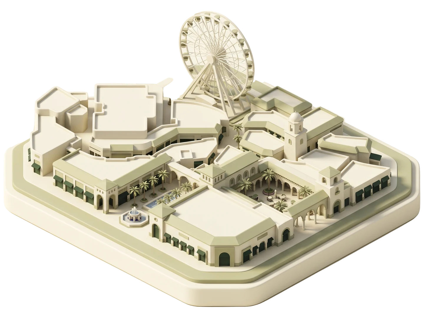 A sage and ivory clay-style illustration of Irvine Spectrum Center in Irvine