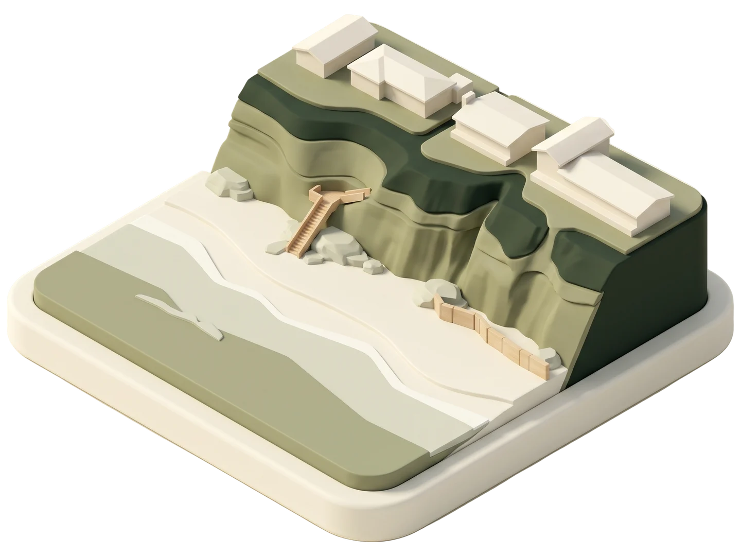 A sage and ivory clay-style illustration of Isla Vista Beach in Isla Vista