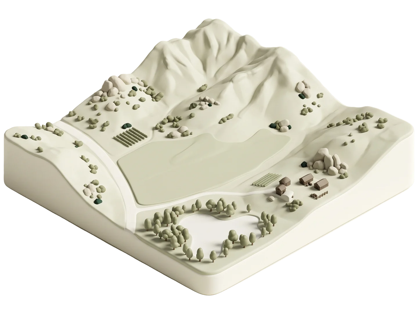 A sage and ivory clay-style illustration of Jurupa Hills in Mira Loma