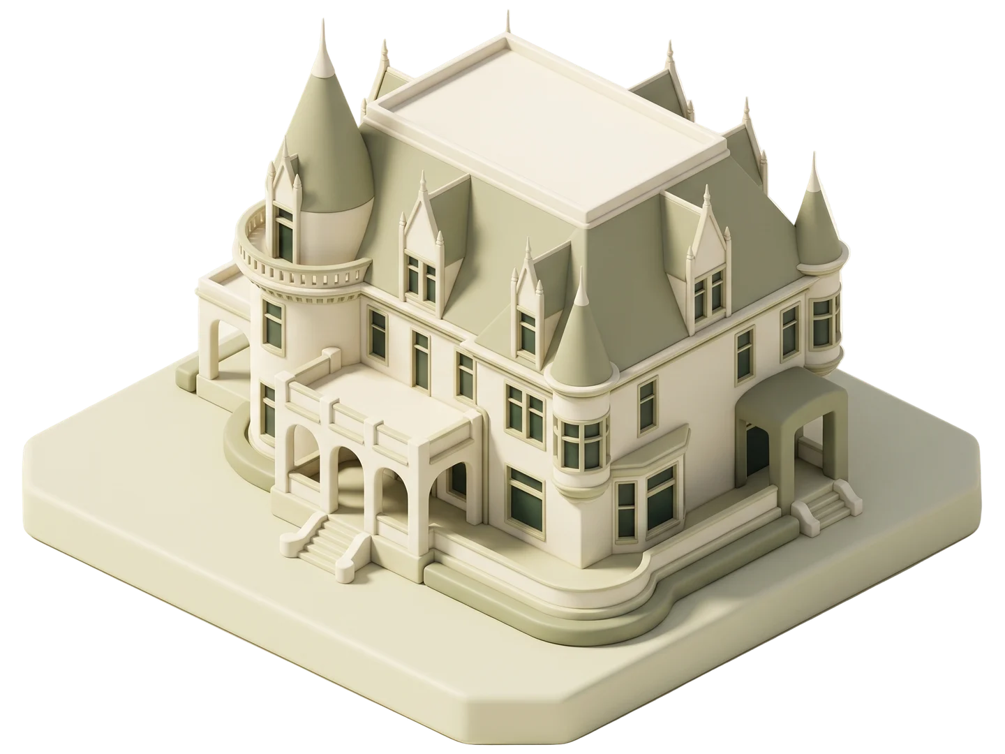 A sage and ivory clay-style illustration of Kimberly Crest House & Gardens in Redlands