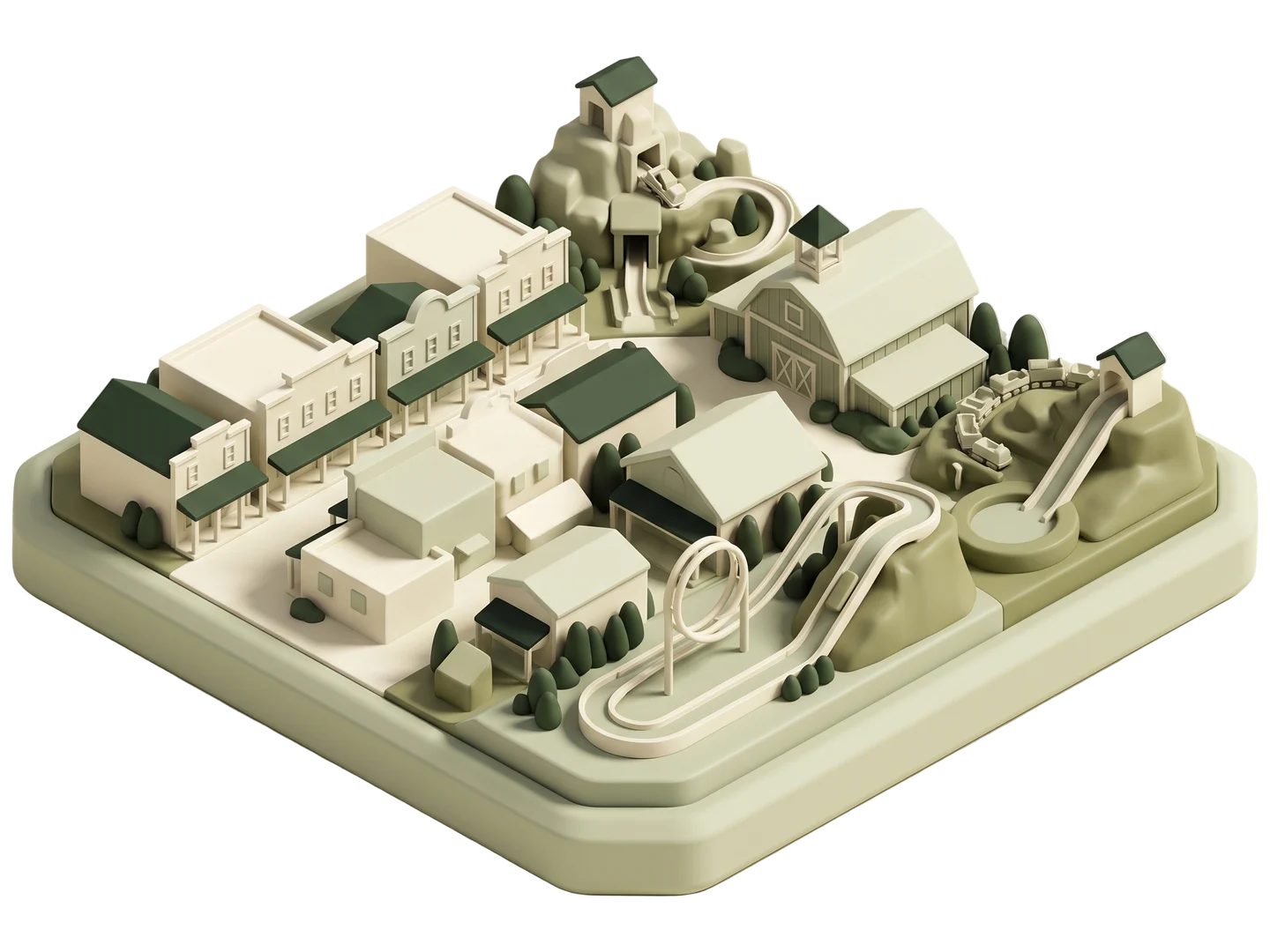 A sage and ivory clay-style illustration of Knott's Berry Farm in Buena Park