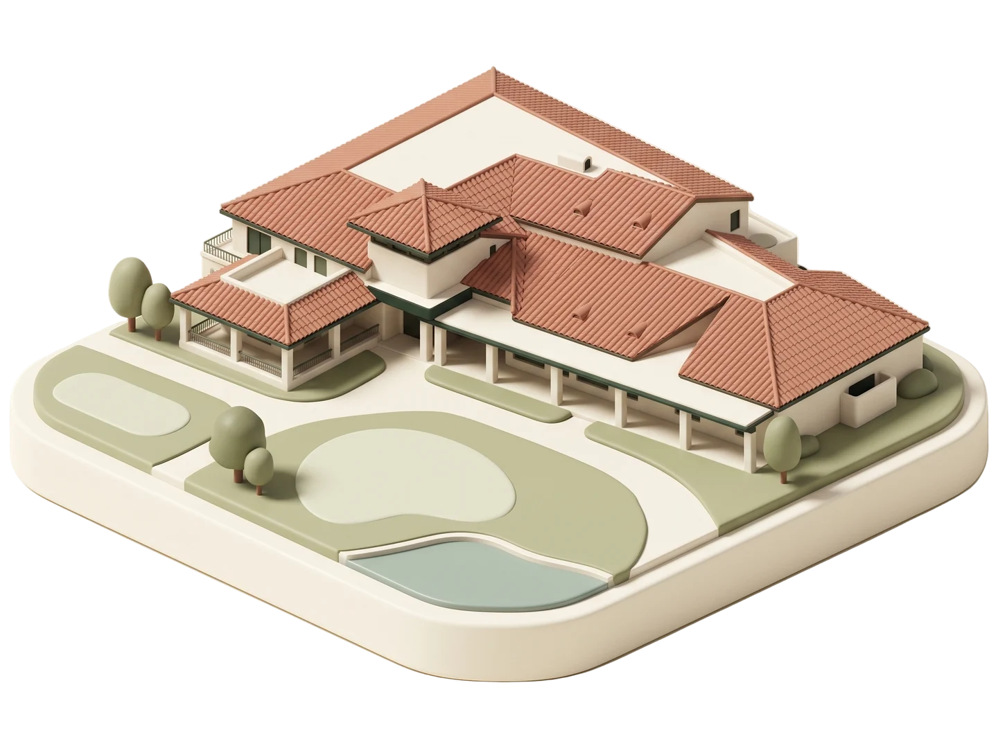 A sage and ivory clay-style illustration of Lakeside Golf Club in Toluca Lake