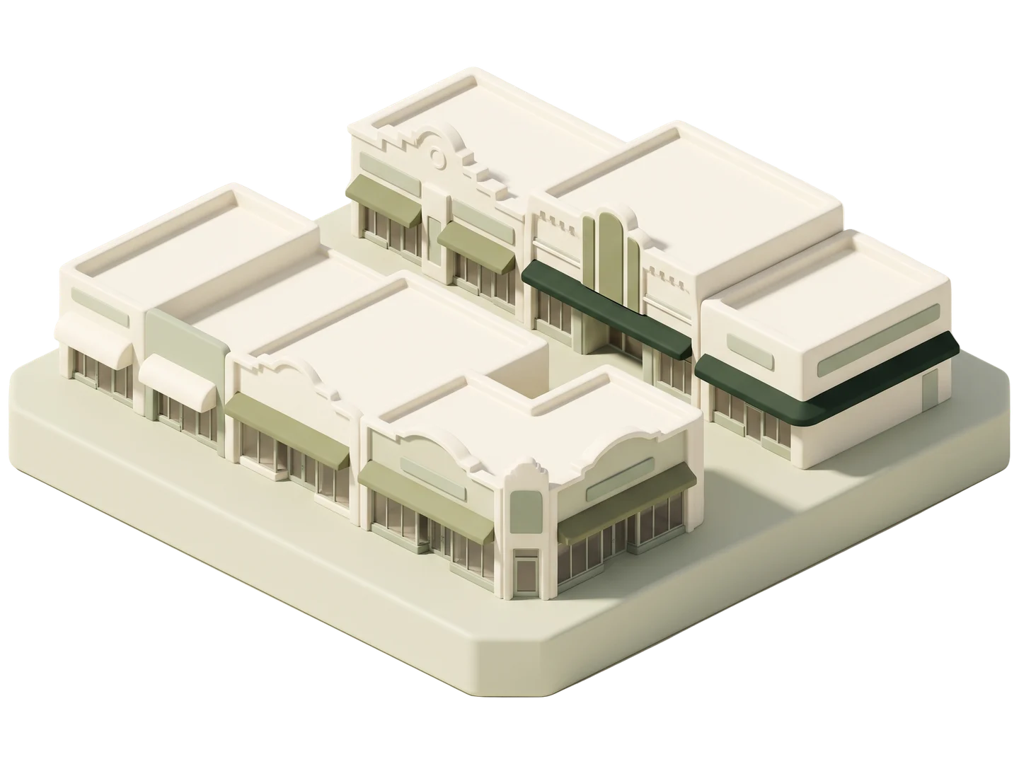 A sage and ivory clay-style illustration of Little India District in Artesia