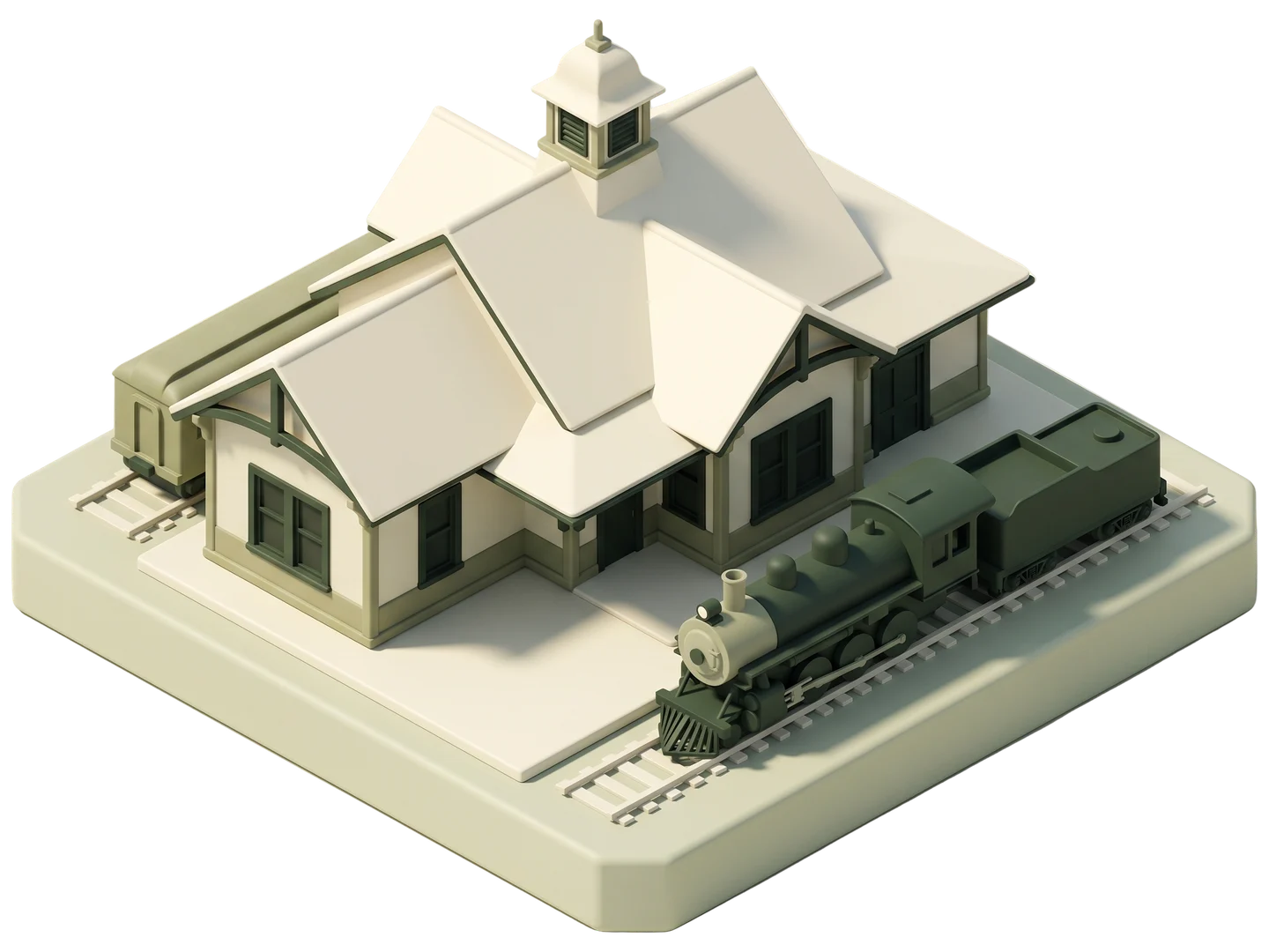 A sage and ivory clay-style illustration of Lomita Railroad Museum in Lomita